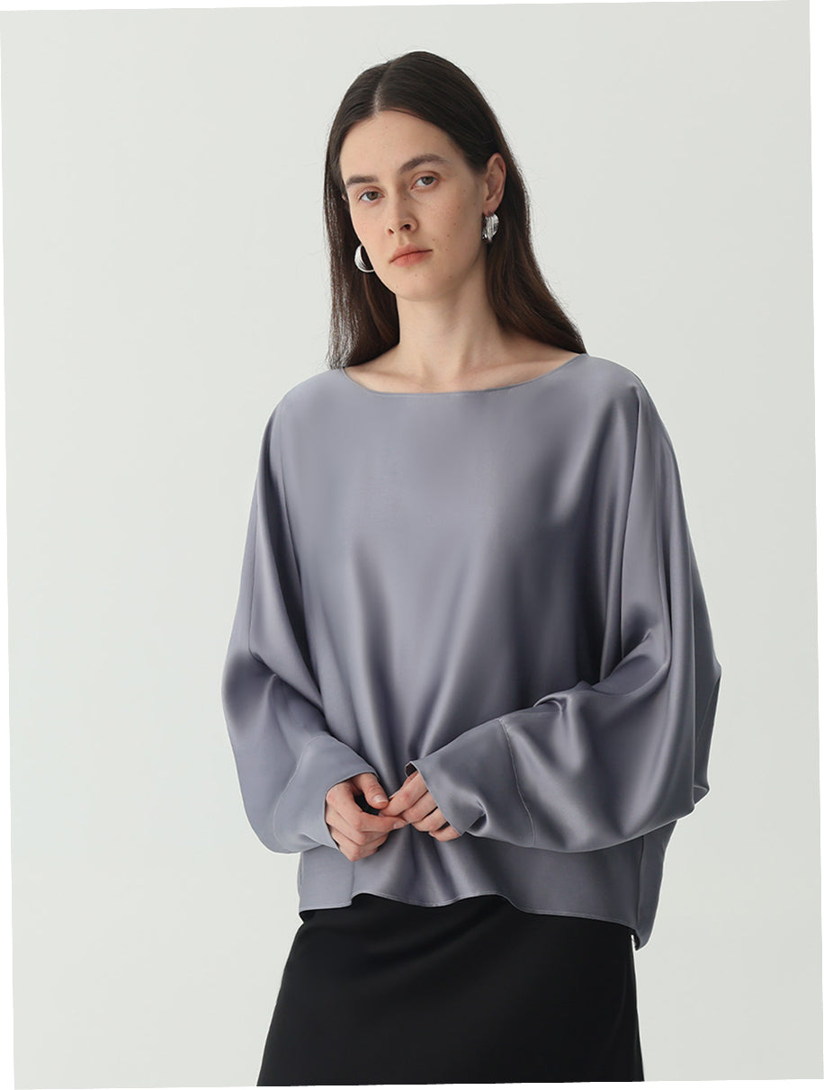 Batwing-Sleeve Blouse in Silk #color_Indigo Gray