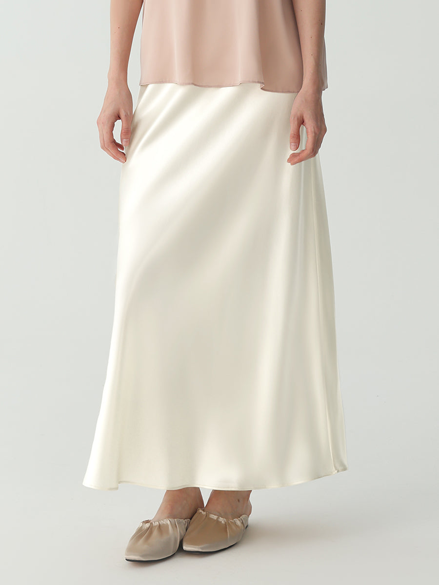 Ankle-length Midi Skirt in Silk #color_Ivory White