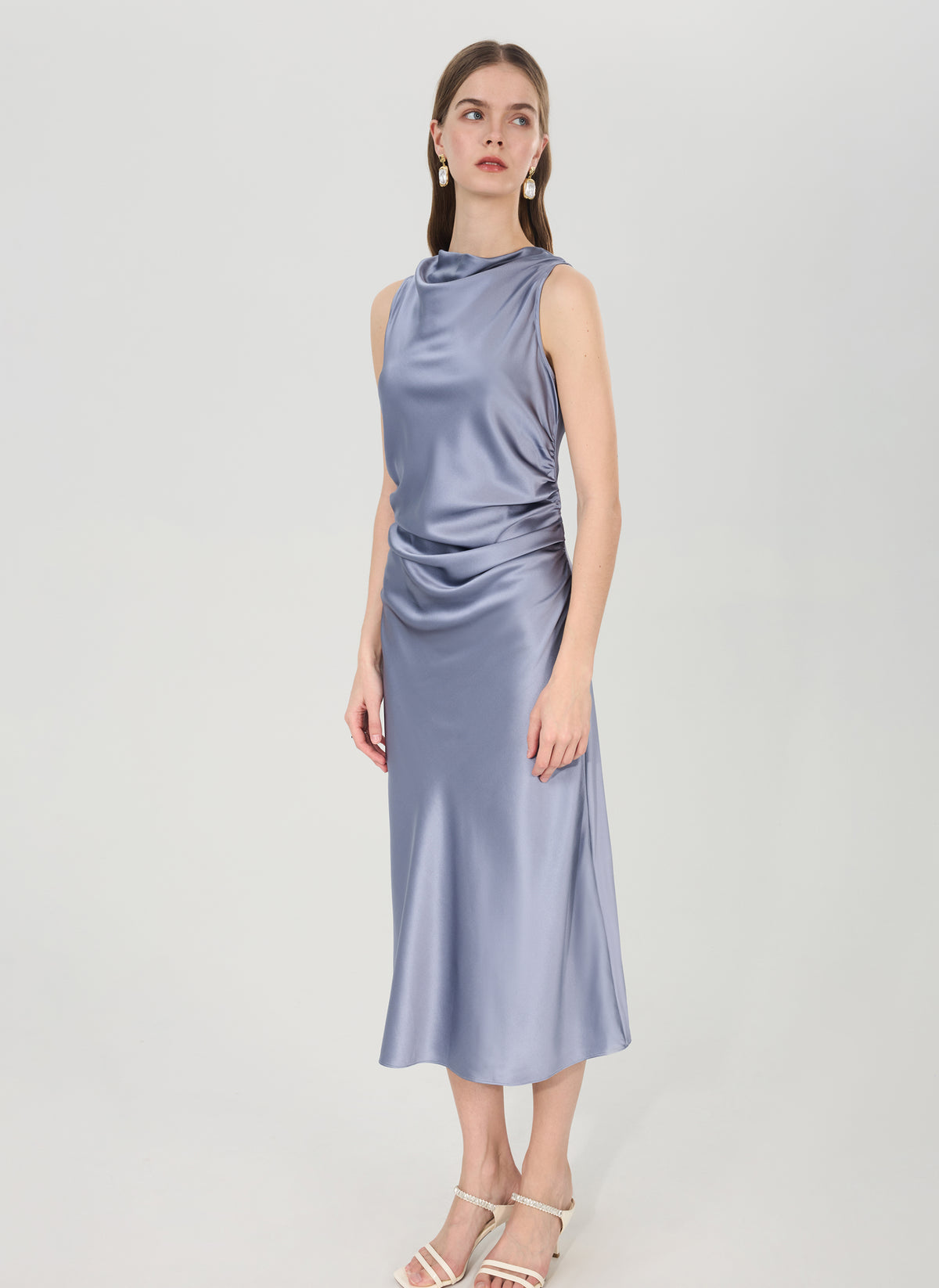 Silk Draped Cowl Neck Midi Dress#color_Blue Grey