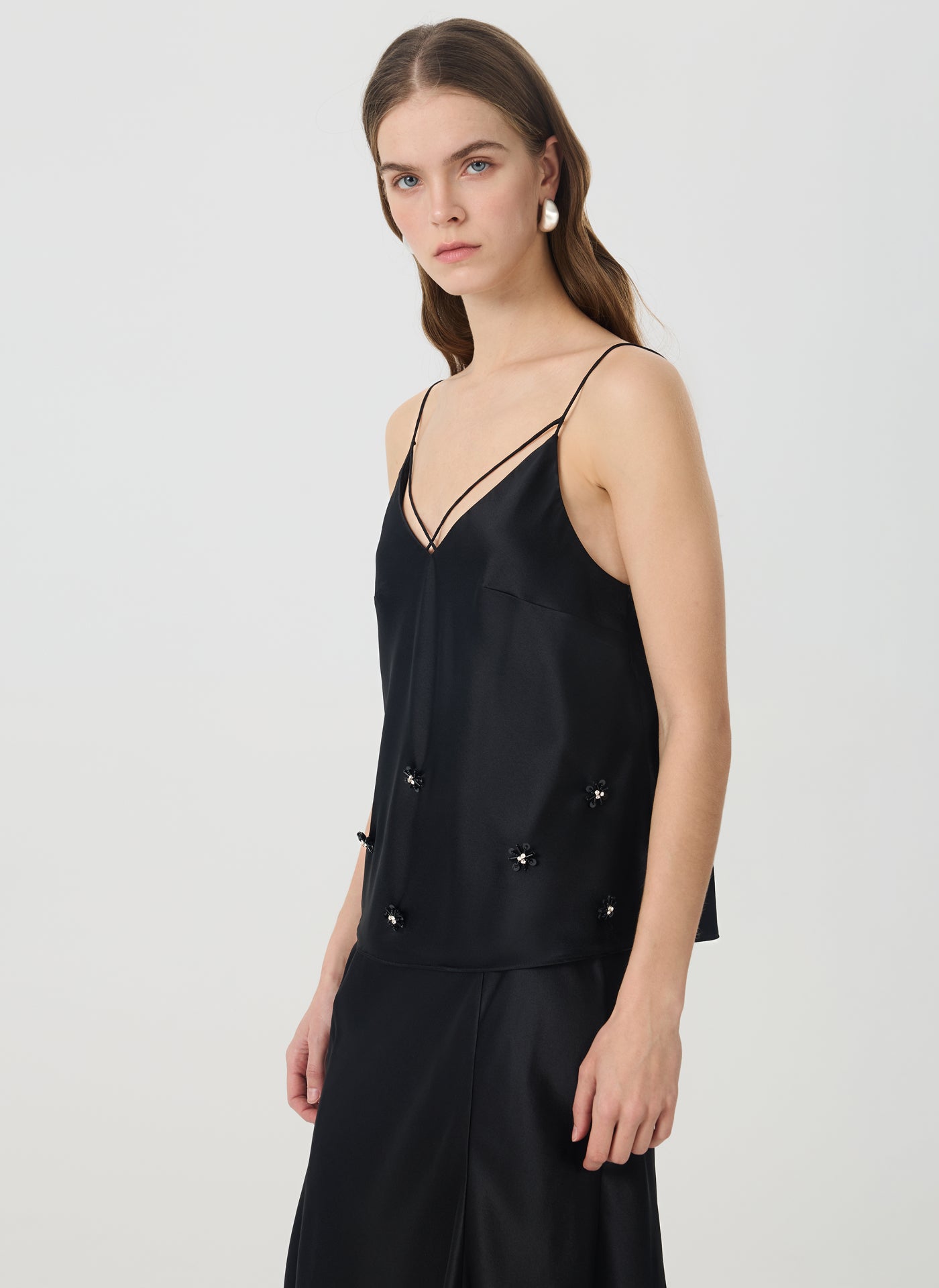 Silk Strappy Camisole with Floral Detail#color_Black