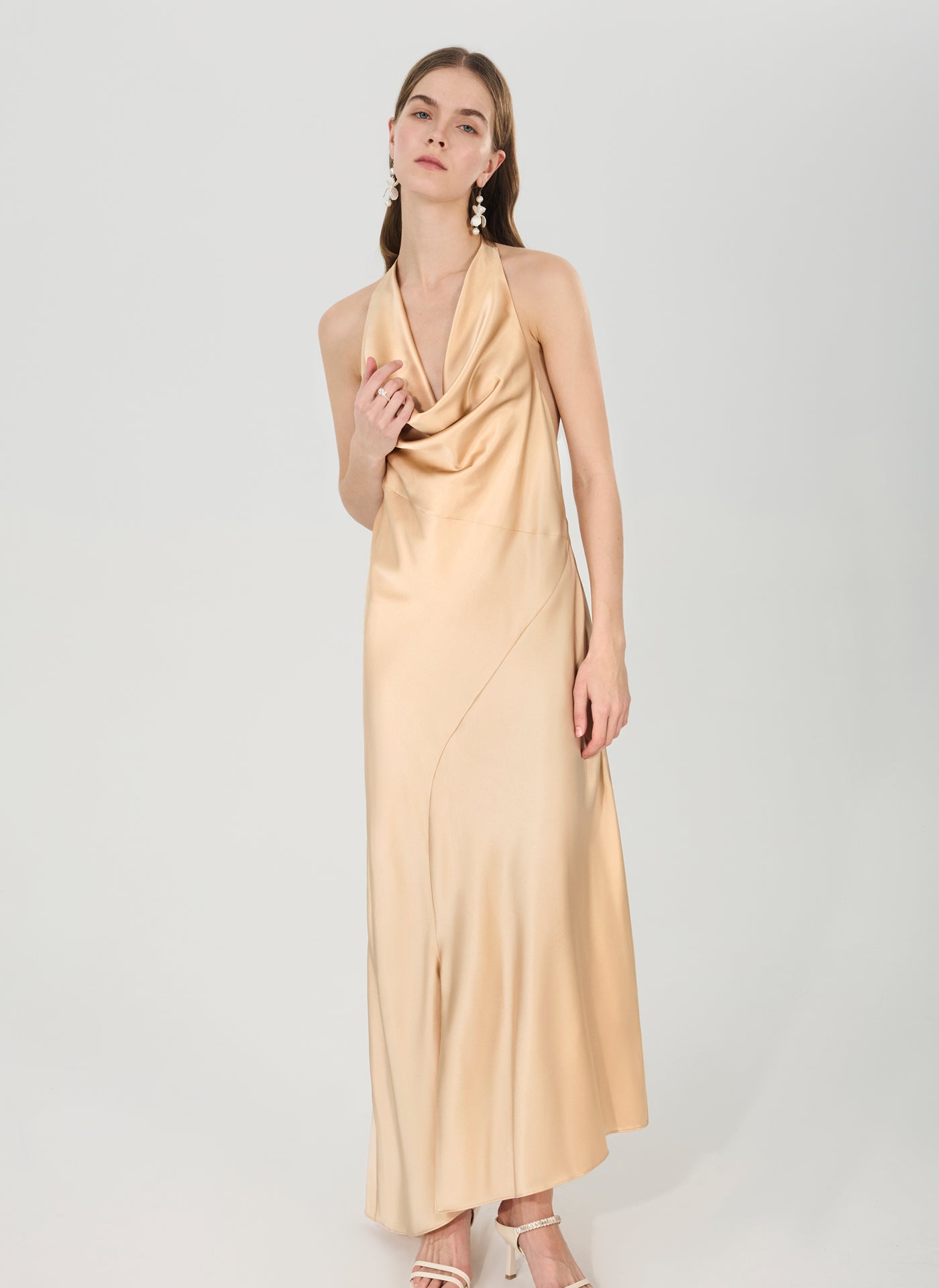 Silk Halter Cowl Neck Maxi Dress#color_Champagne