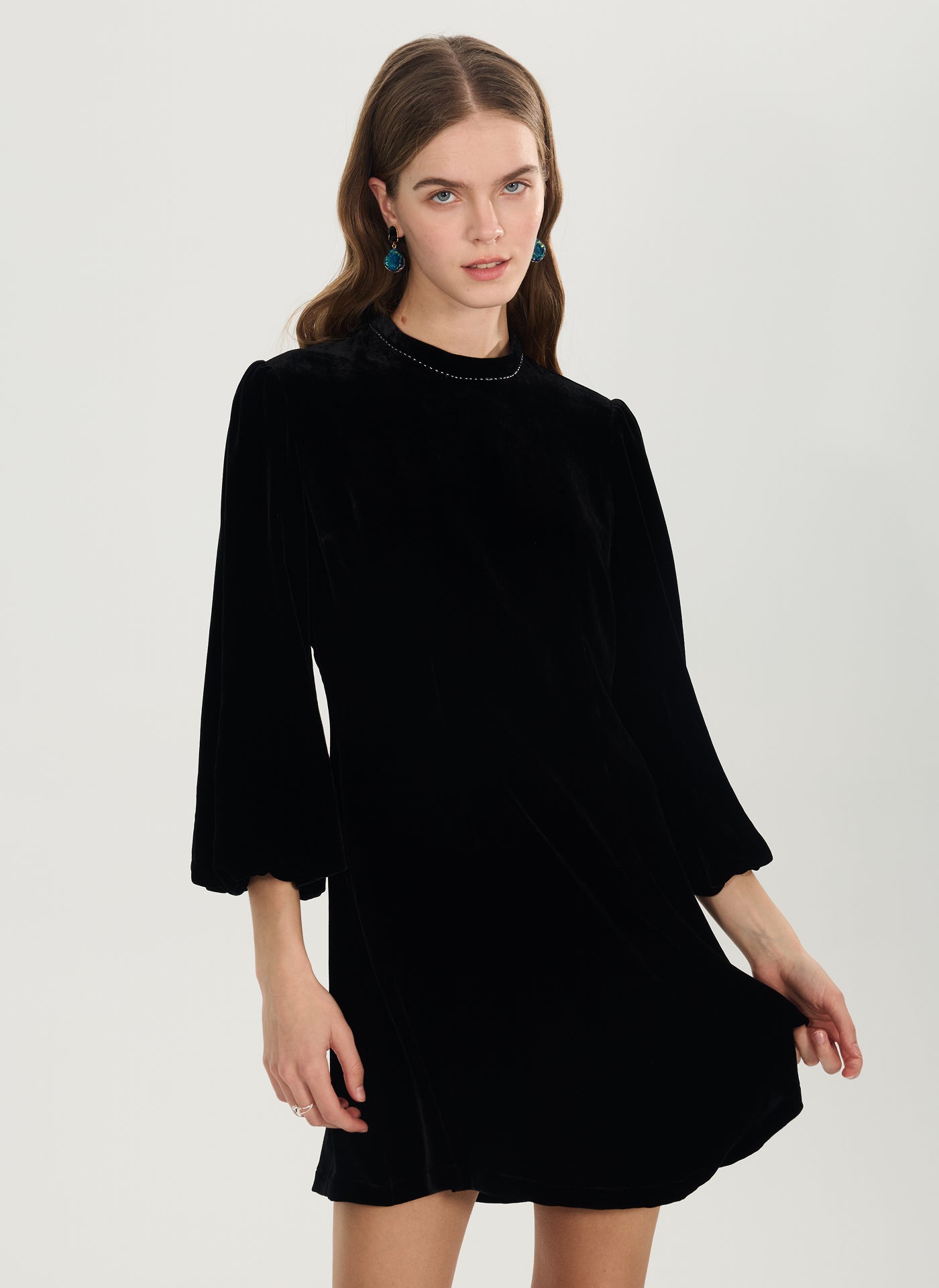Silk Velvet Lantern Sleeve Mini Dress#color_Black