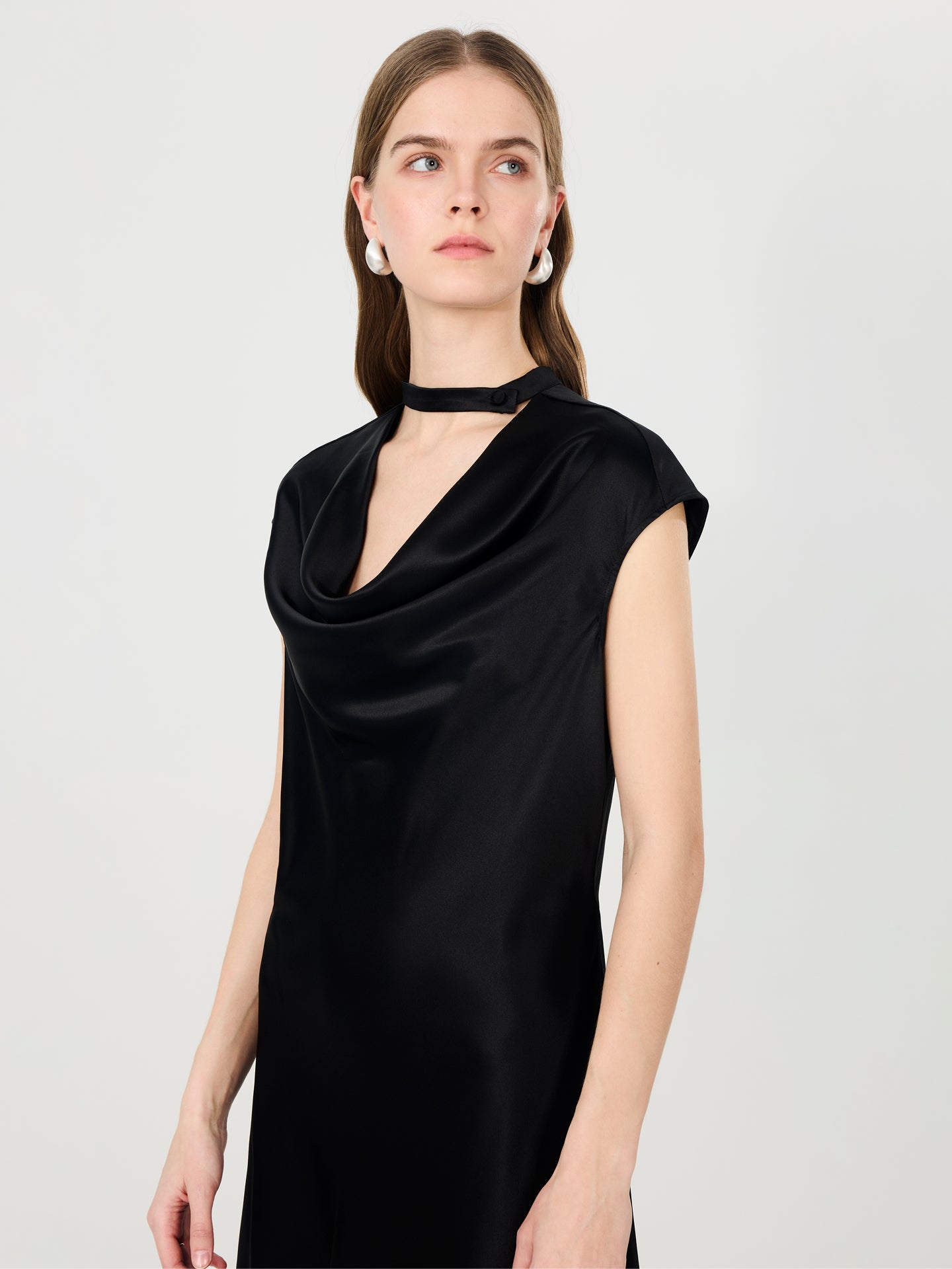 Silk Cowl Neck Maxi Dress with Sheer Hem#color_Black