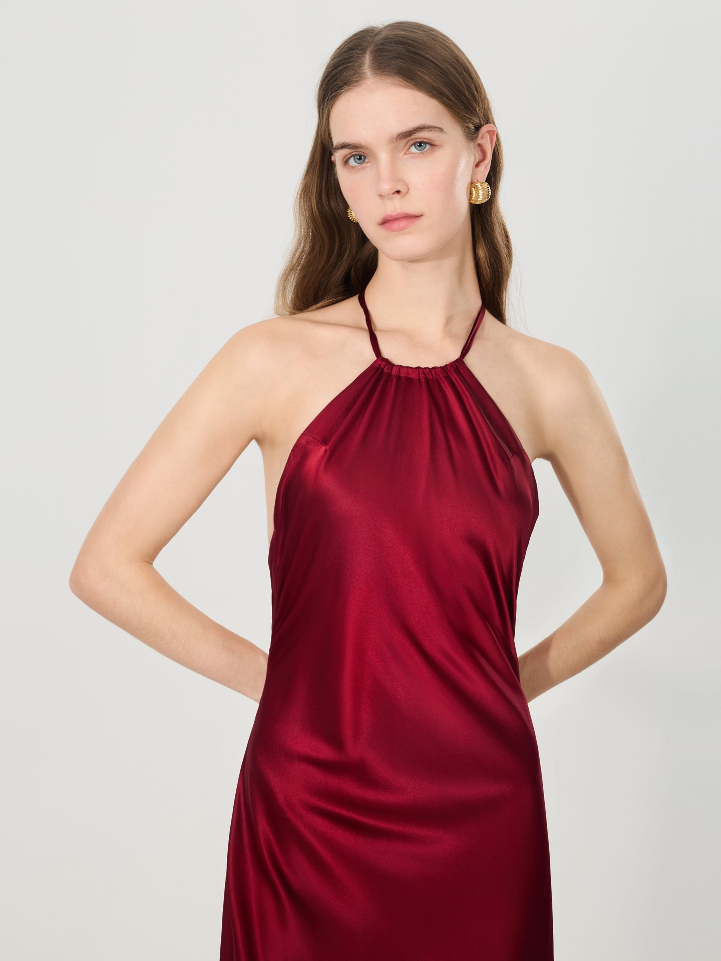 Silk Halter Backless Midi Dress#color_Burgundy