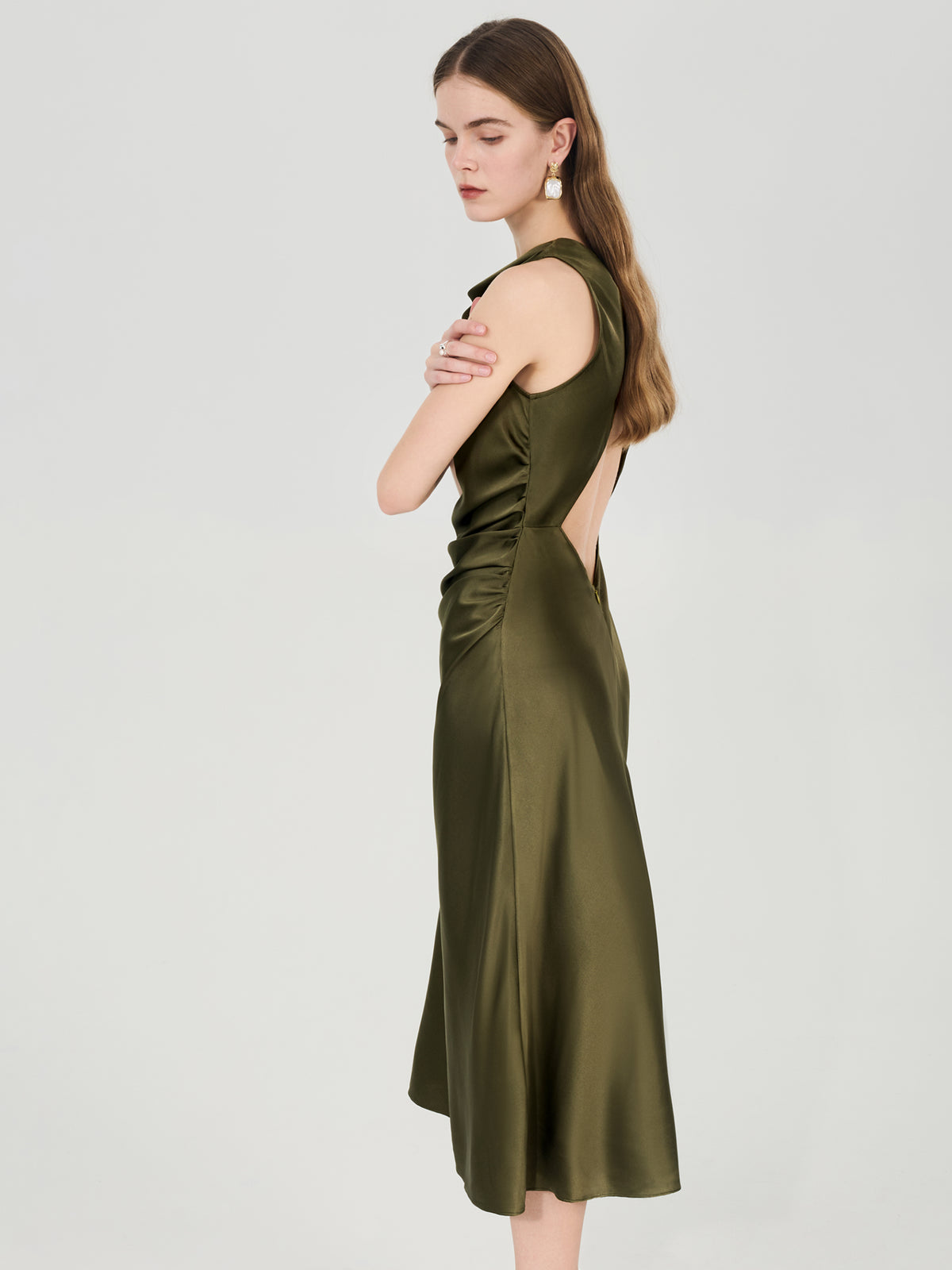 Silk Draped Cowl Neck Midi Dress#color_Army Green