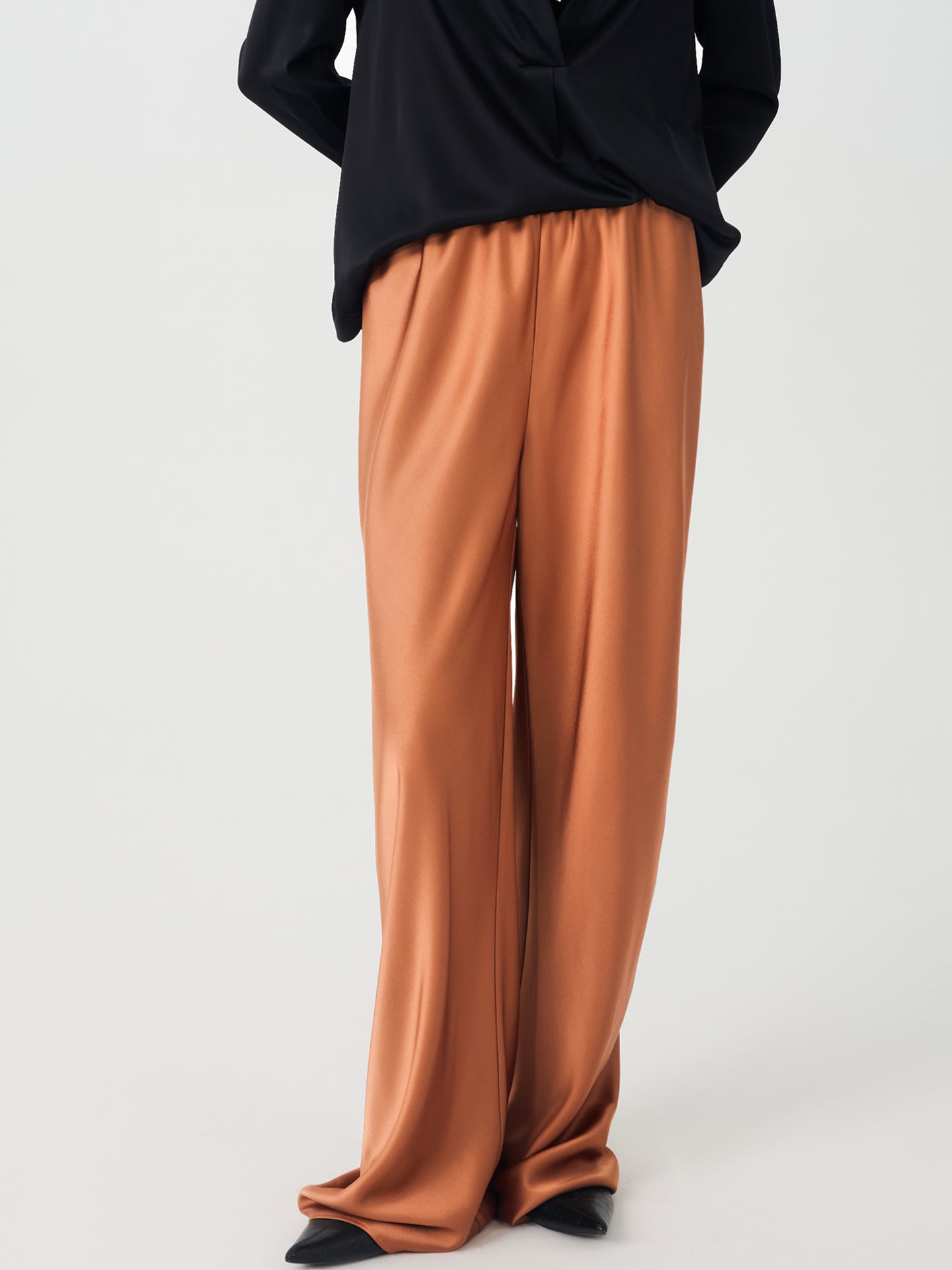 Fluid Wide-Leg Draped Pants#color_Caramel