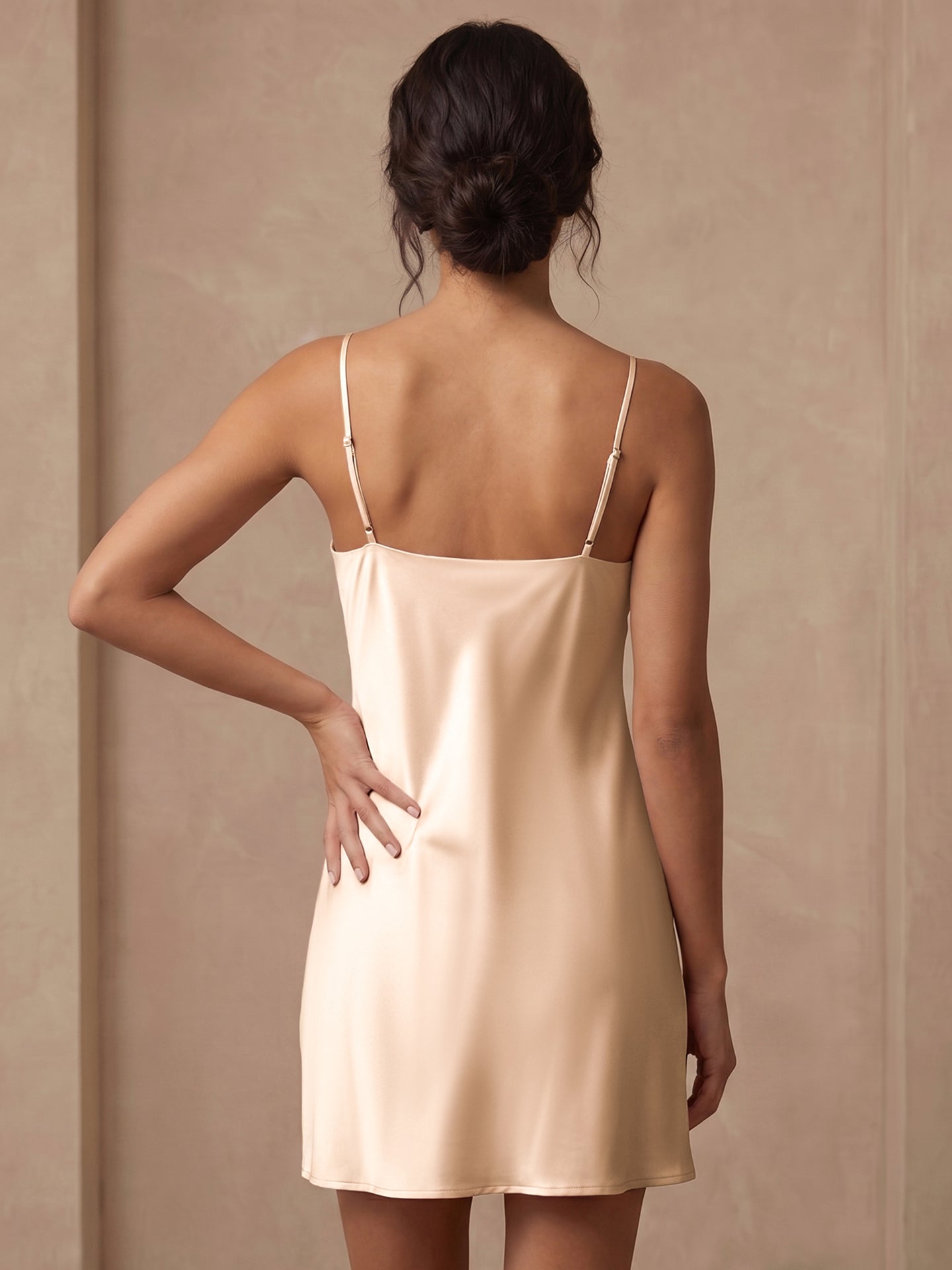100% Mulberry Silk Cowl Neck Slip Nightdress#color_Blush Beige