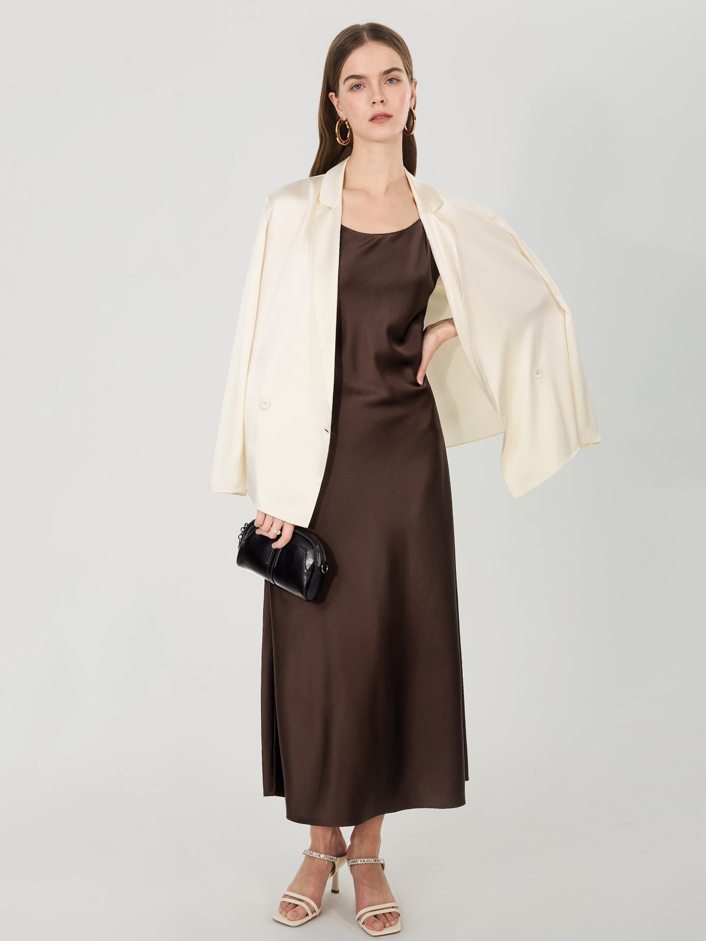 19 Momme Silk Slip Dress with Adjustable Straps#color_Chocolate