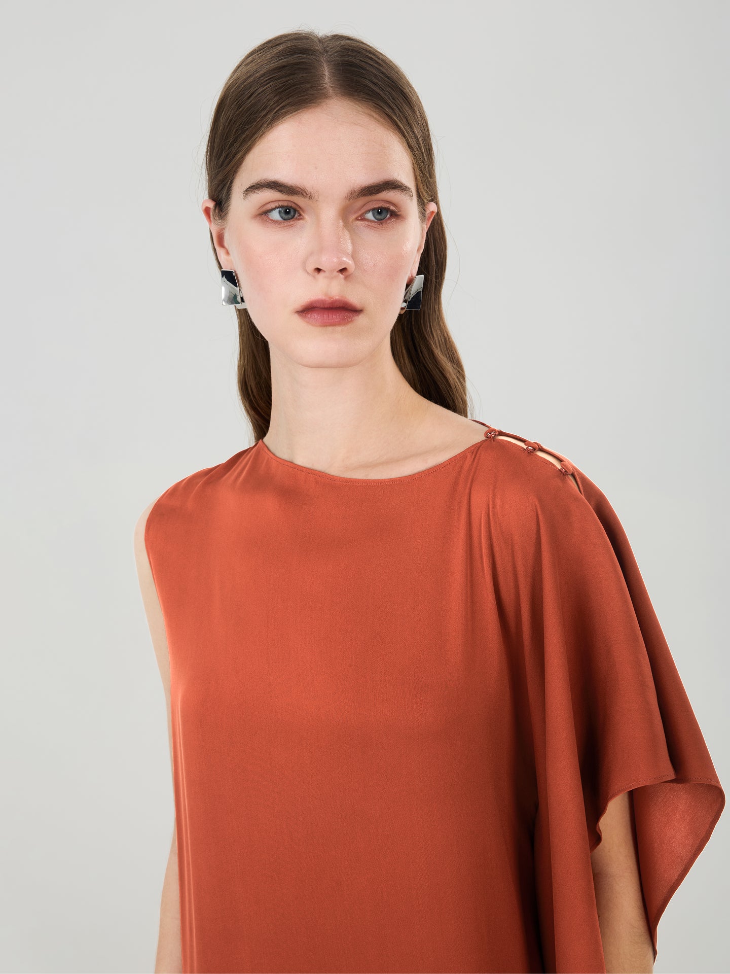 19 Momme Silk Asymmetric Ruffle Dress#color_Terracotta