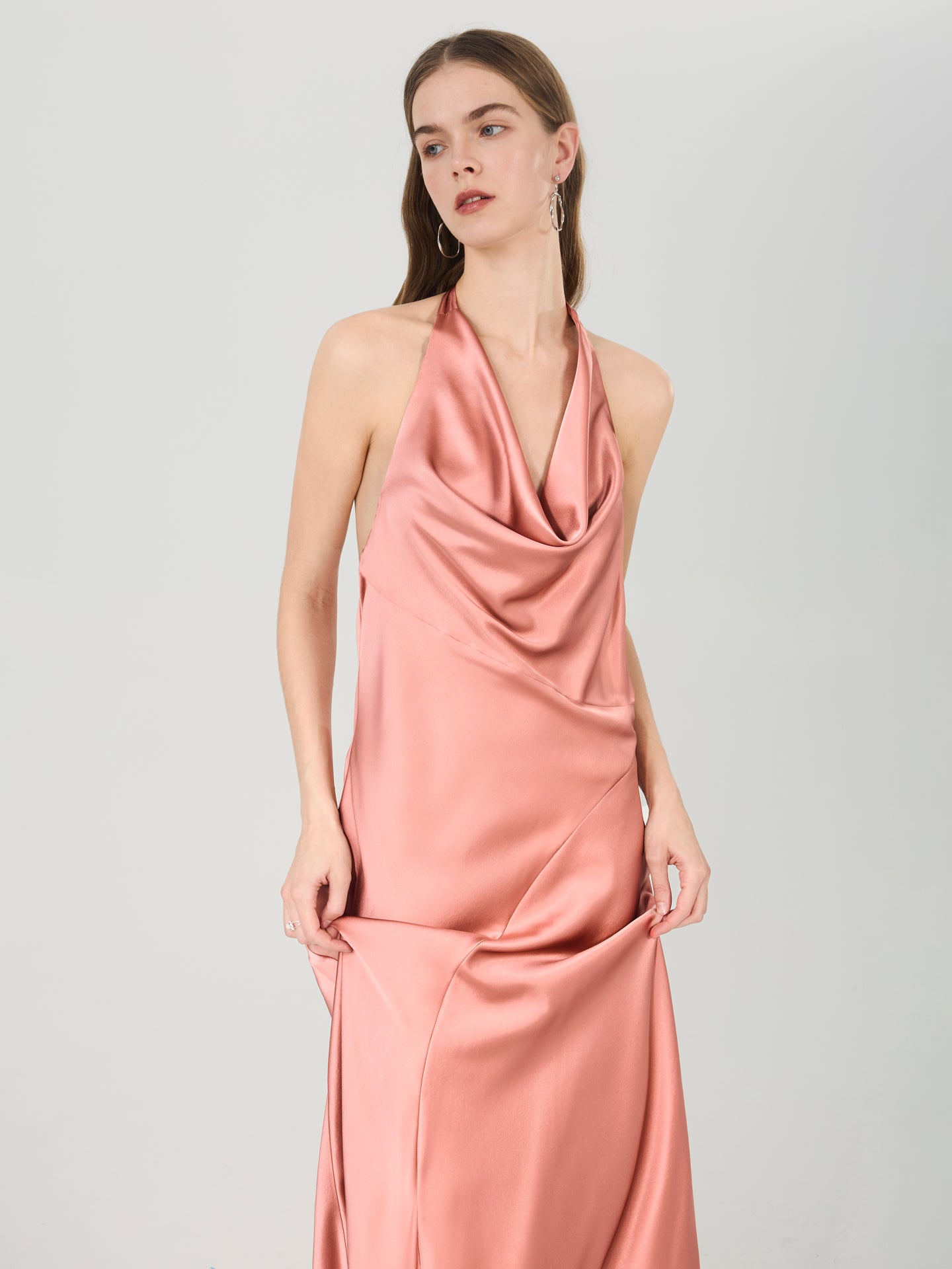 Silk Halter Cowl Neck Maxi Dress#color_Dusty Rose