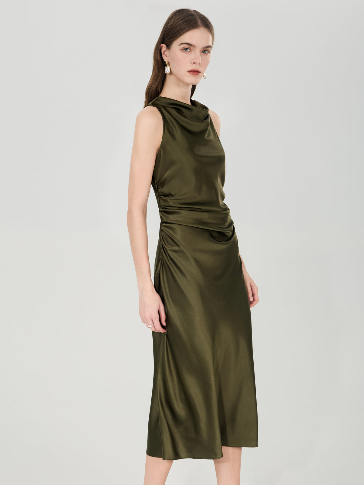 Silk Draped Cowl Neck Midi Dress#color_Army Green