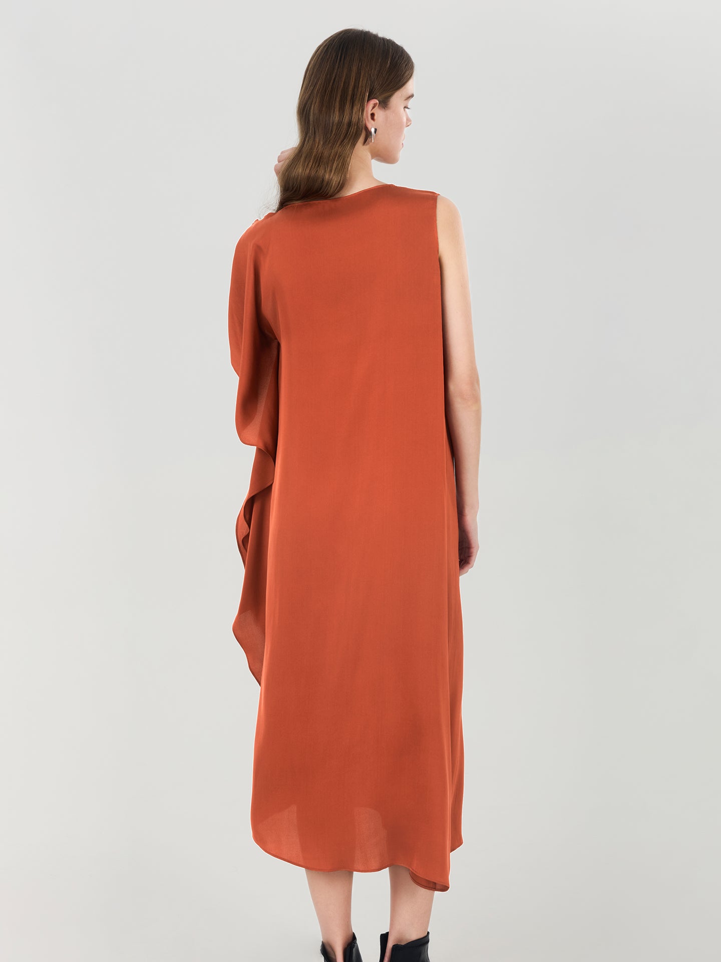 19 Momme Silk Asymmetric Ruffle Dress#color_Terracotta