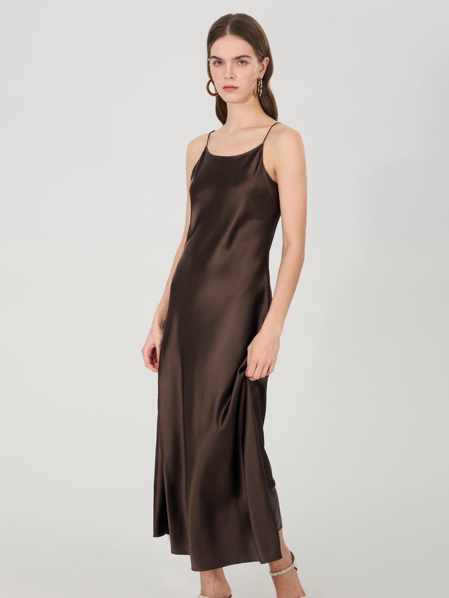 19 Momme Silk Slip Dress with Adjustable Straps#color_Chocolate