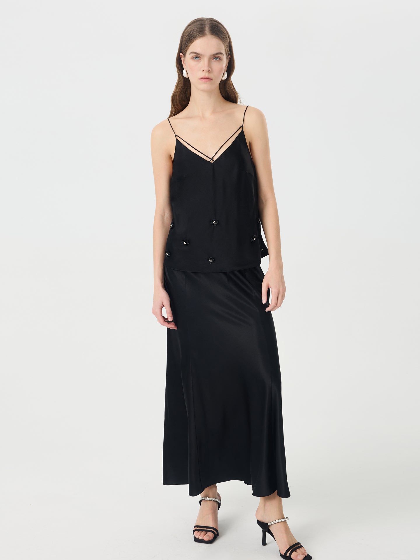 Silk Strappy Camisole with Floral Detail#color_Black