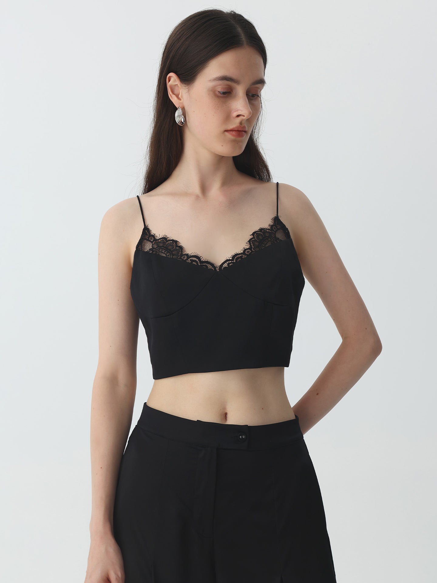 Women's Lace Camisole Crop Top #color_Black