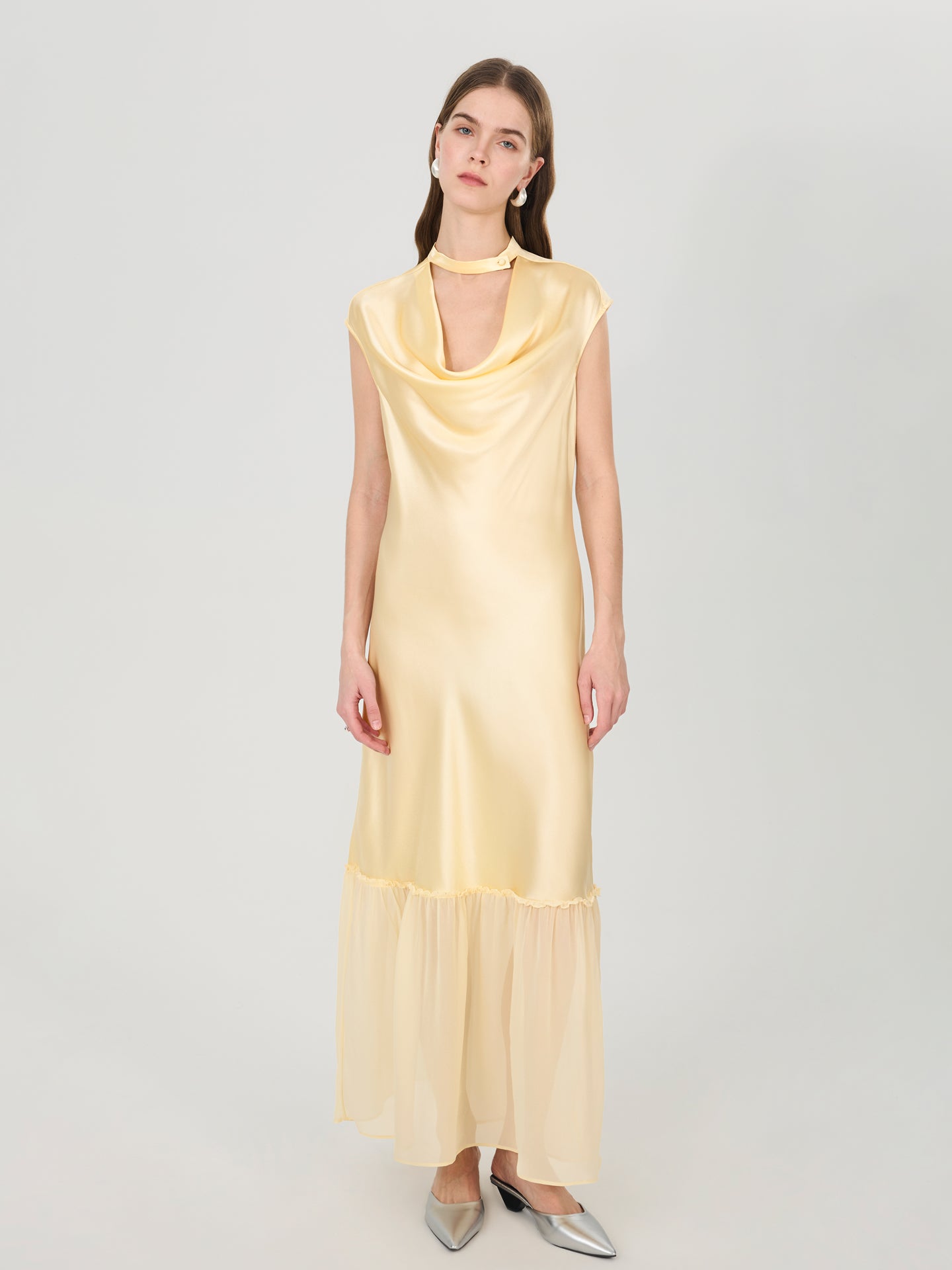 Silk Cowl Neck Maxi Dress | Elegant Silk Evening Dress | Mislorraine Light Lemon Yellow / S