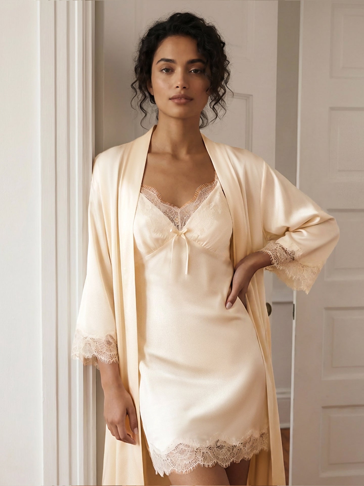 Women's Lace Trim Chemise & Robe Set#color_Light Lemon Yellow