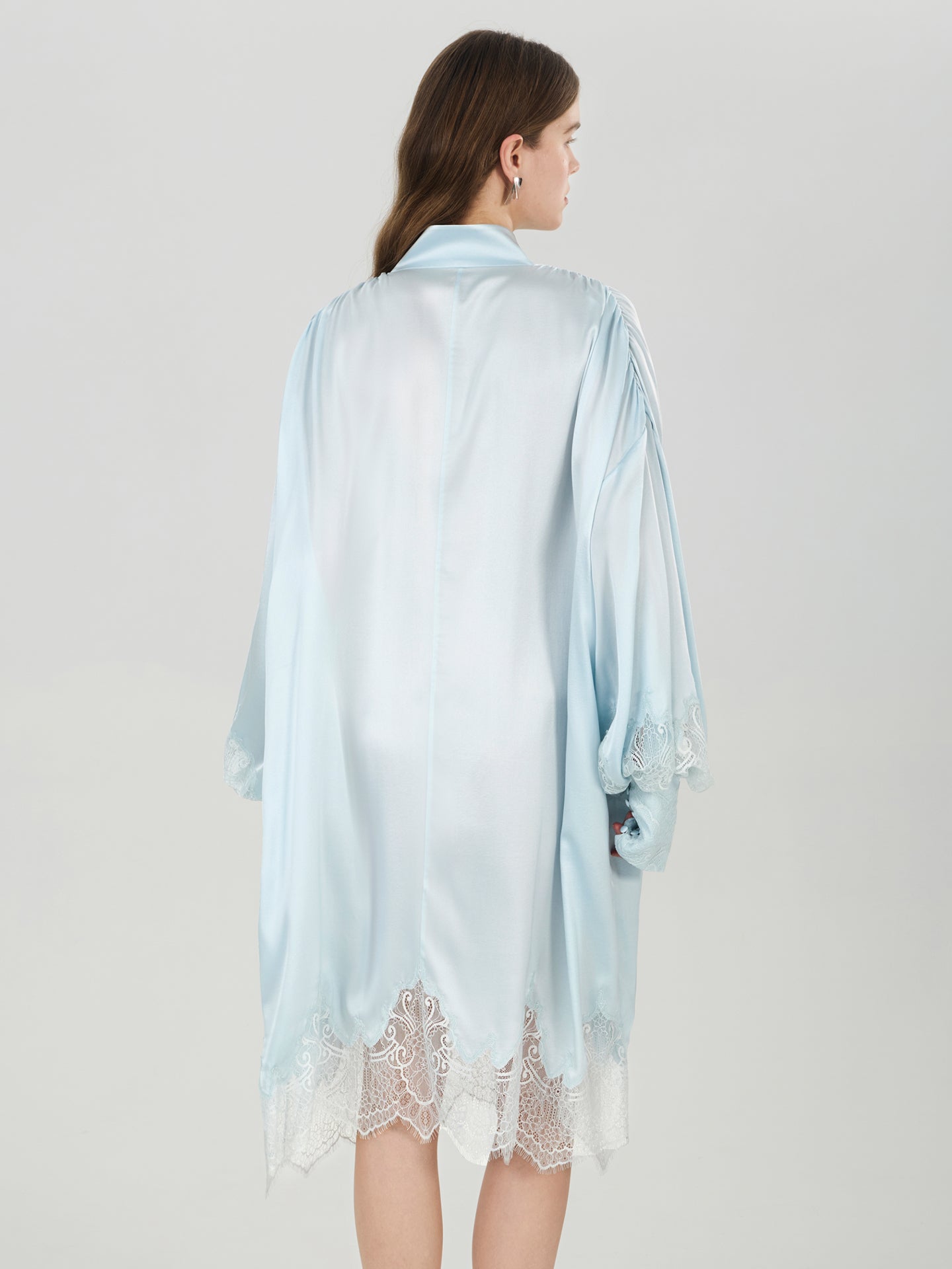 Silk Lace-Trim Balloon Sleeve Dress#color_Baby Blue