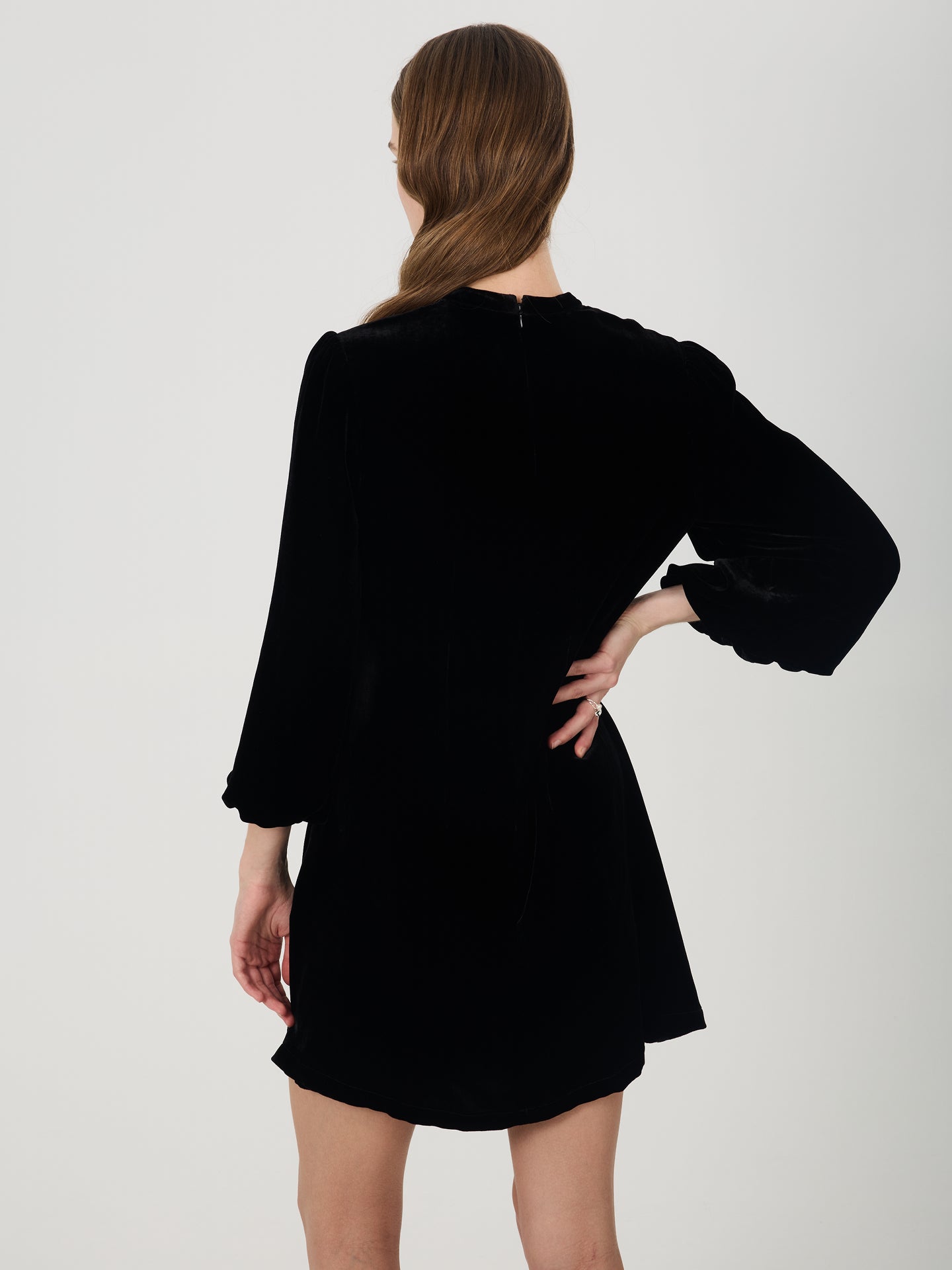 Silk Velvet Lantern Sleeve Mini Dress#color_Black