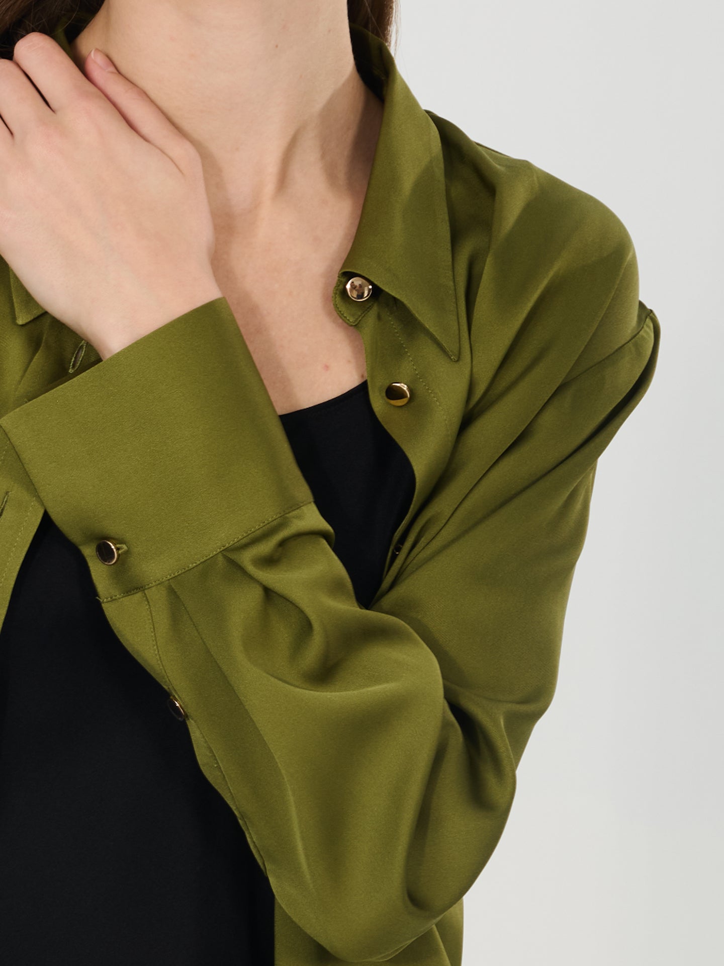 Silk Metal-Button Shirt#color_Dark Olive