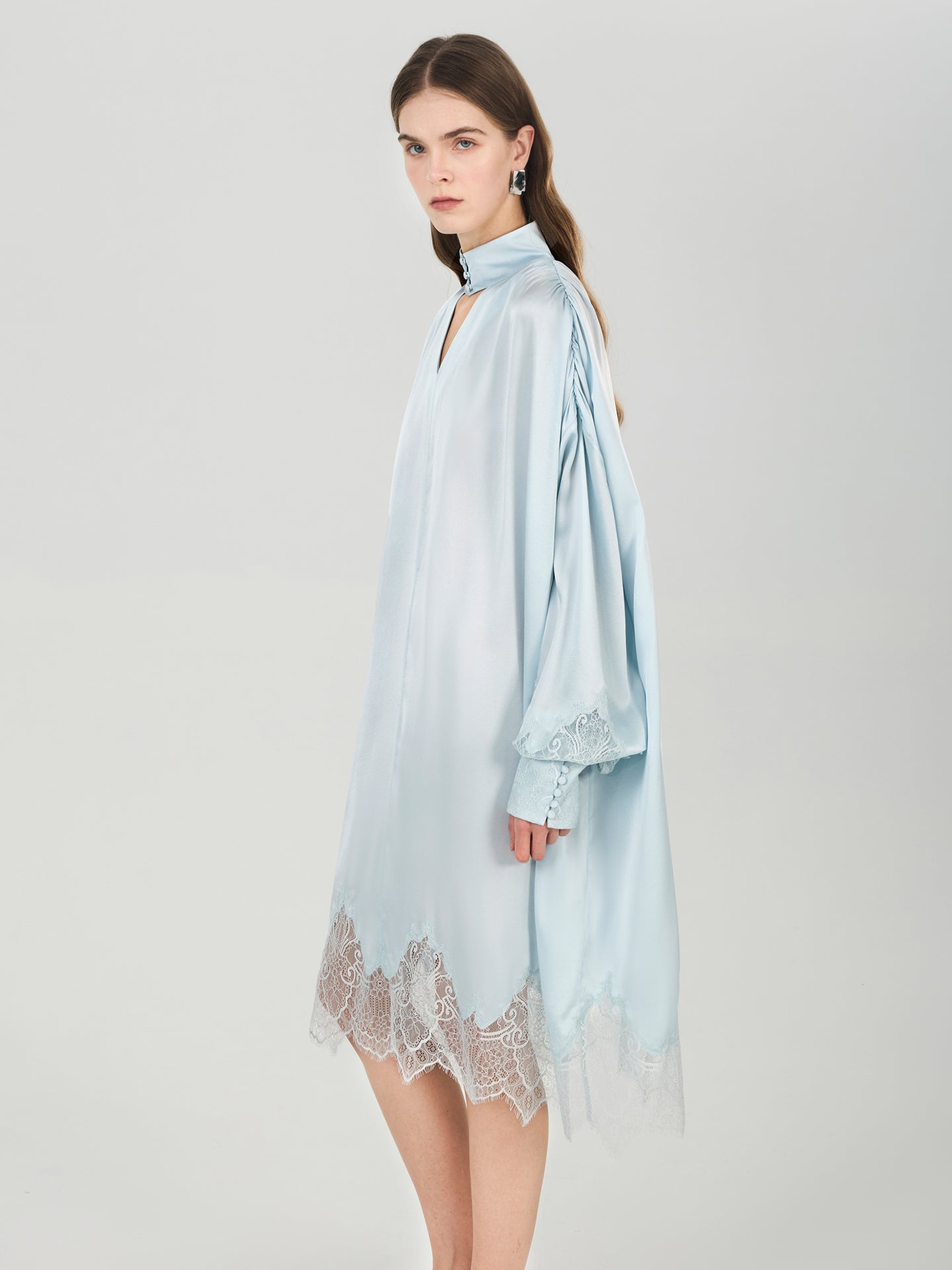 Silk Lace-Trim Balloon Sleeve Dress#color_Baby Blue