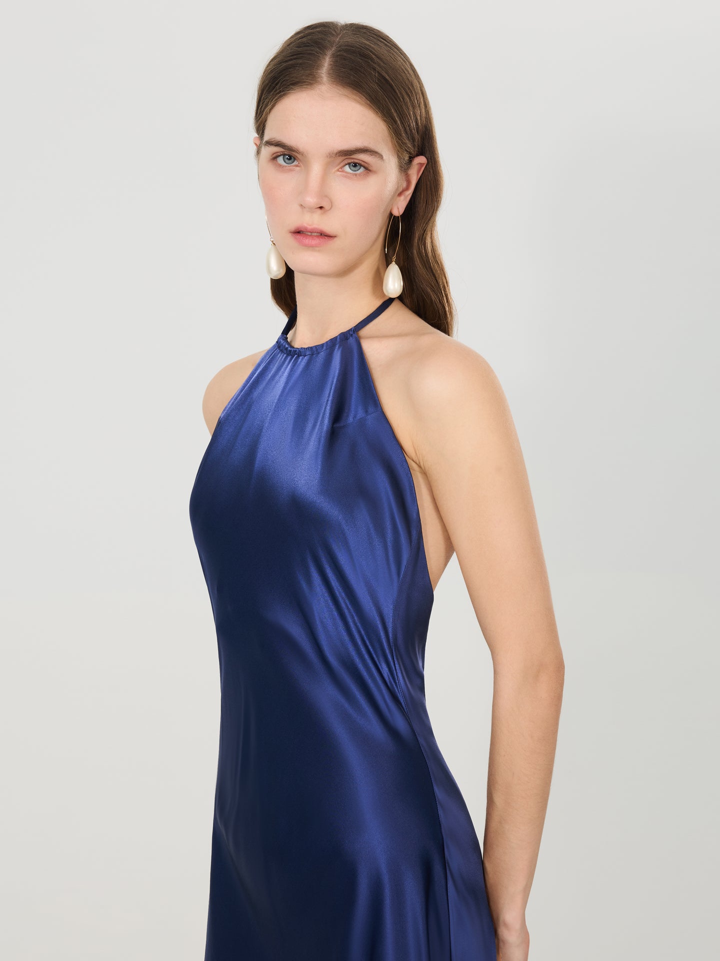 Silk Halter Backless Midi Dress#color_Navy