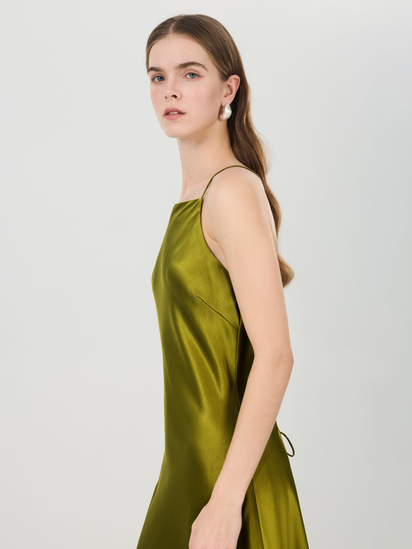 Beaded Back Halter Silk Maxi Dress#color_Dark Olive
