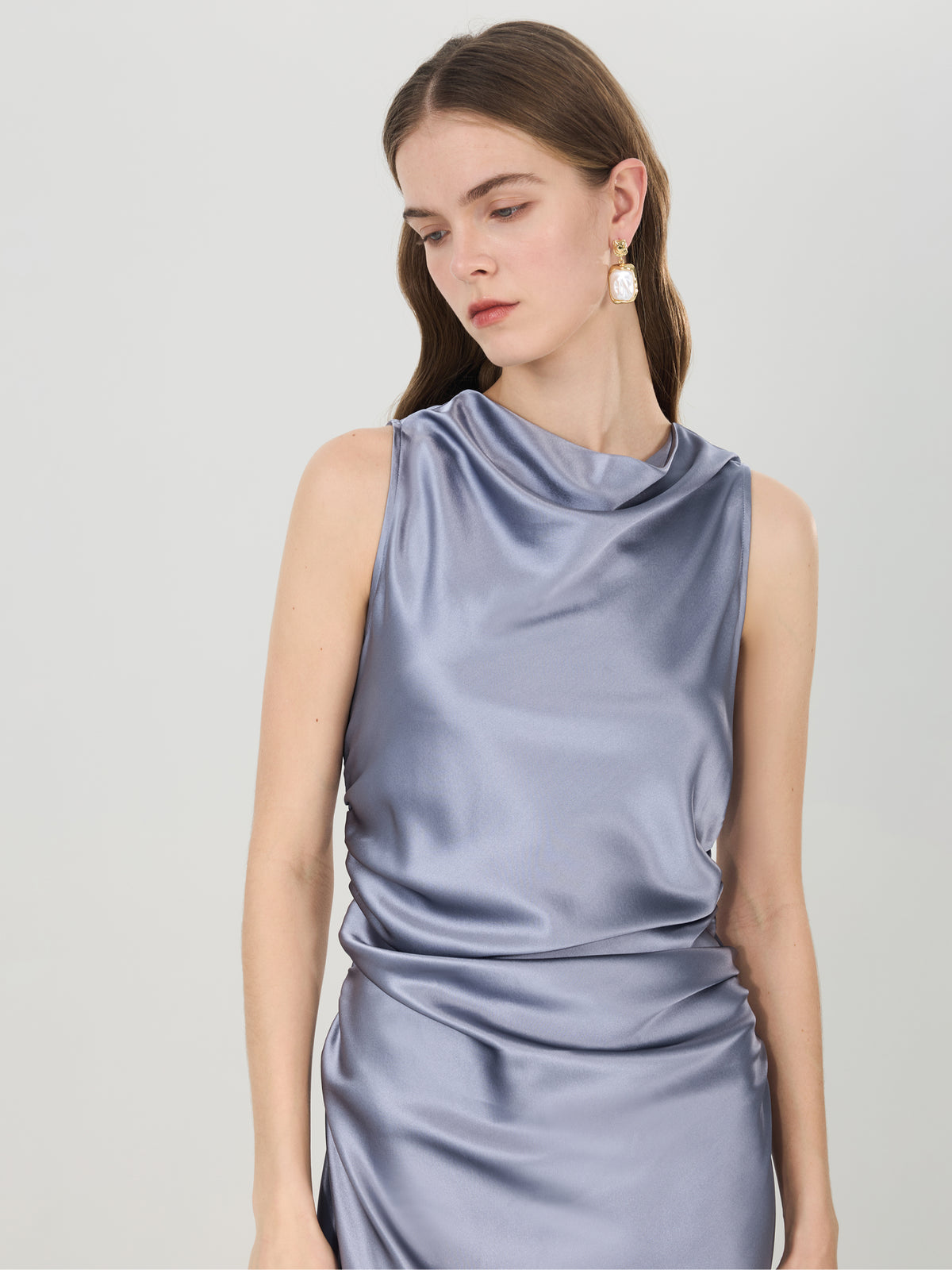 Silk Draped Cowl Neck Midi Dress#color_Blue Grey