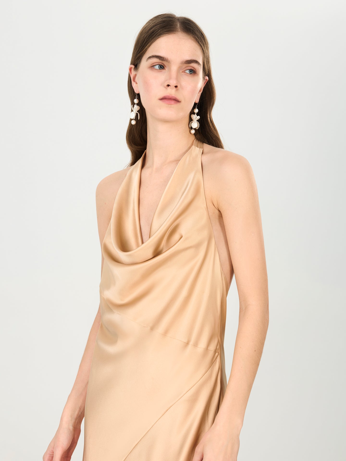 Silk Halter Cowl Neck Maxi Dress#color_Champagne