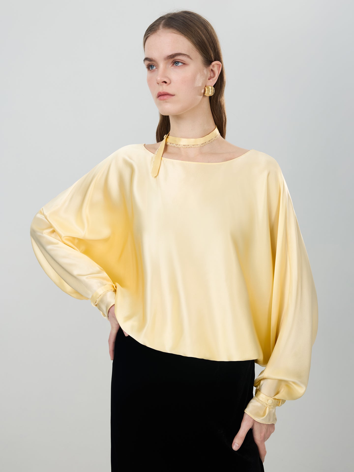 Mulberry Silk Lace-Back Blouse#color_Light Lemon Yellow