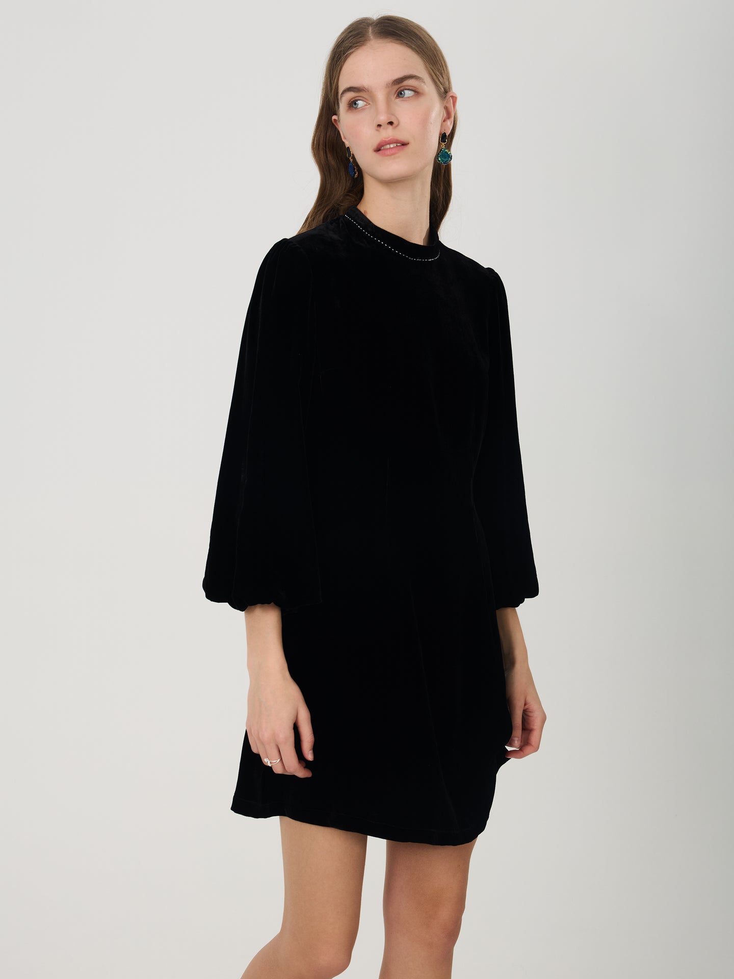 Silk Velvet Lantern Sleeve Mini Dress#color_Black