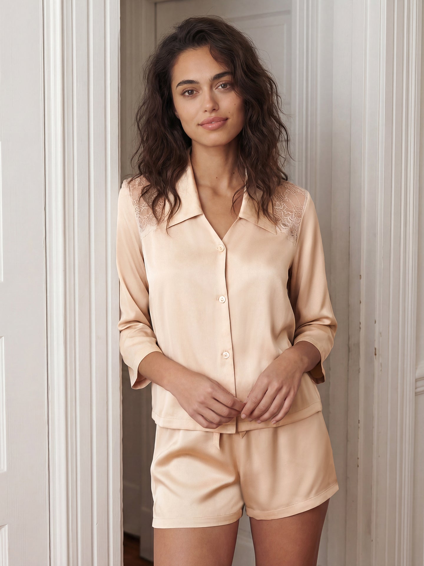 Mulberry Silk Lace Pajama Set#color_Blush Beige