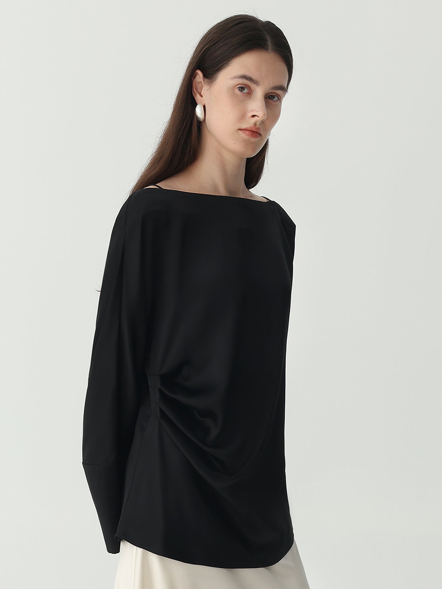Batwing Sleeve Silk Top with Asymmetrical Pleates#color_Black