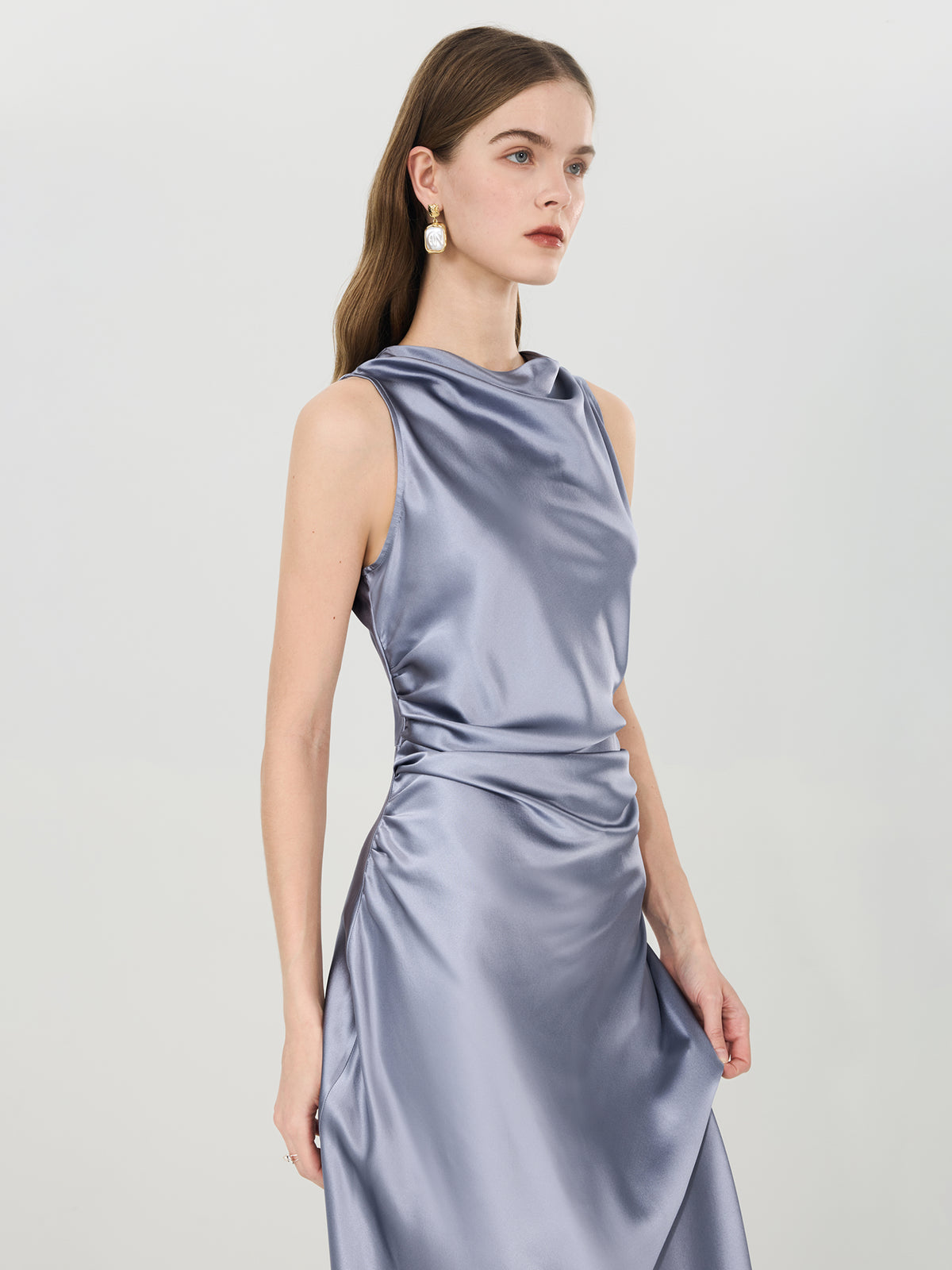 Silk Draped Cowl Neck Midi Dress#color_Blue Grey