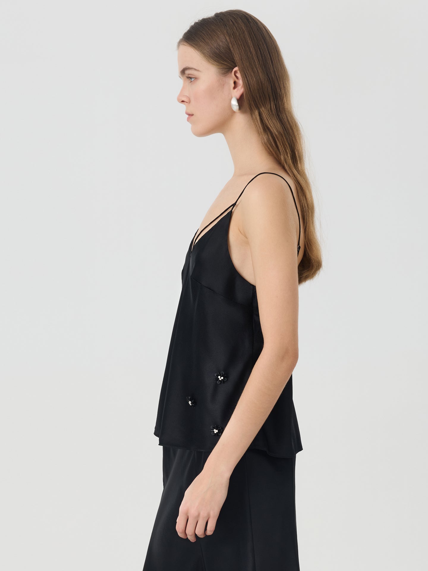 Silk Strappy Camisole with Floral Detail#color_Black