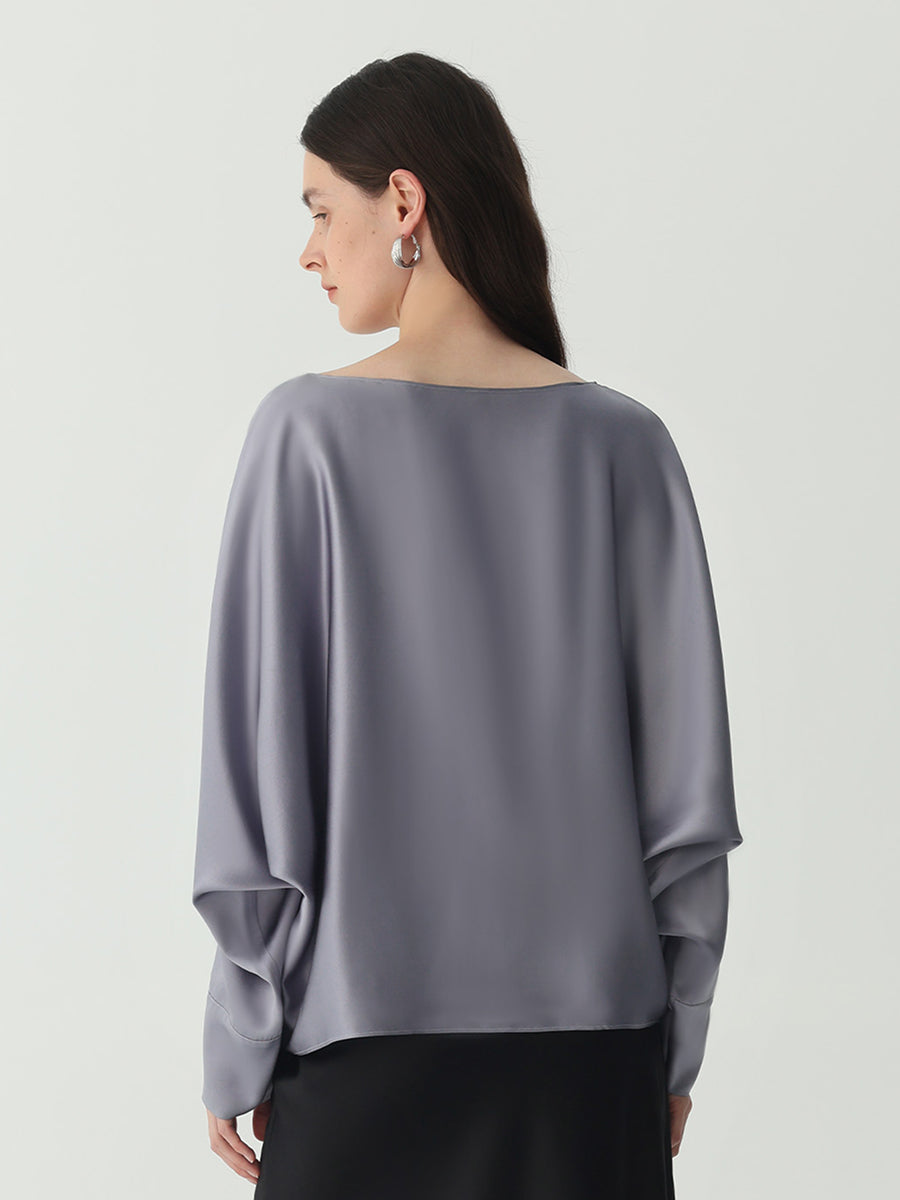 Batwing-Sleeve Blouse in Silk #color_Indigo Gray