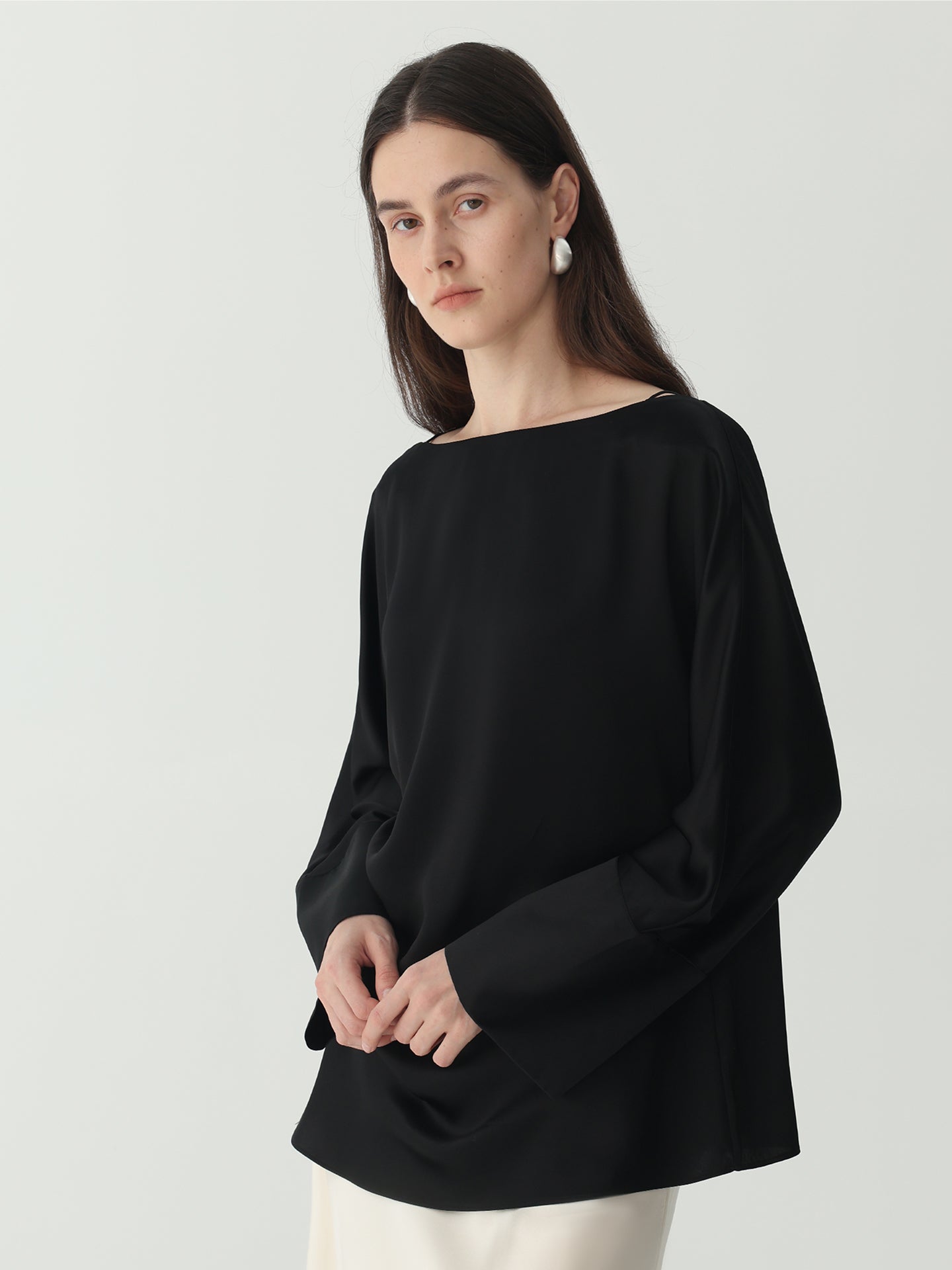Batwing Sleeve Silk Top with Asymmetrical Pleates#color_Black