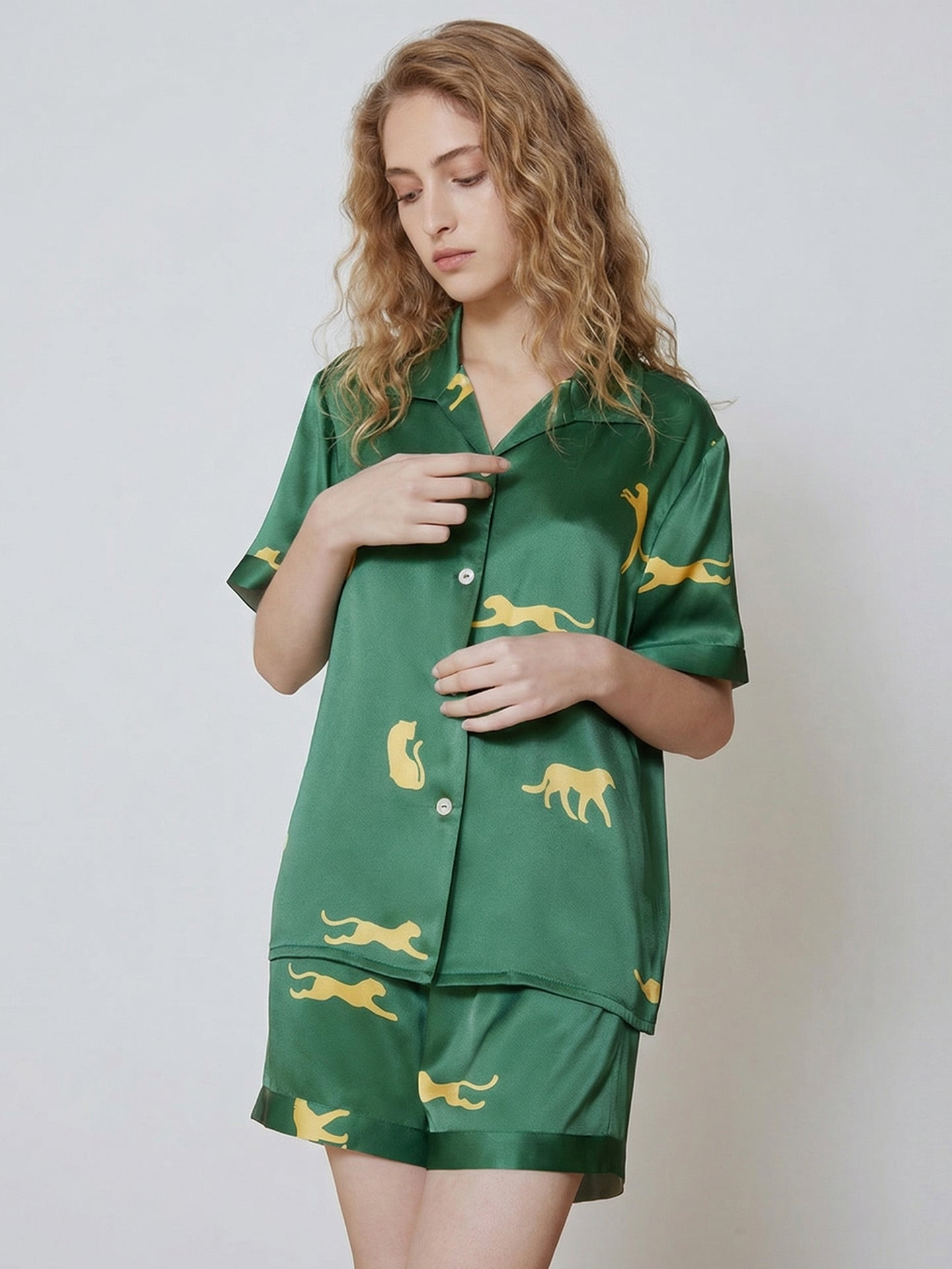 Silk Leopard Print Pajama Set#color_Dark Green