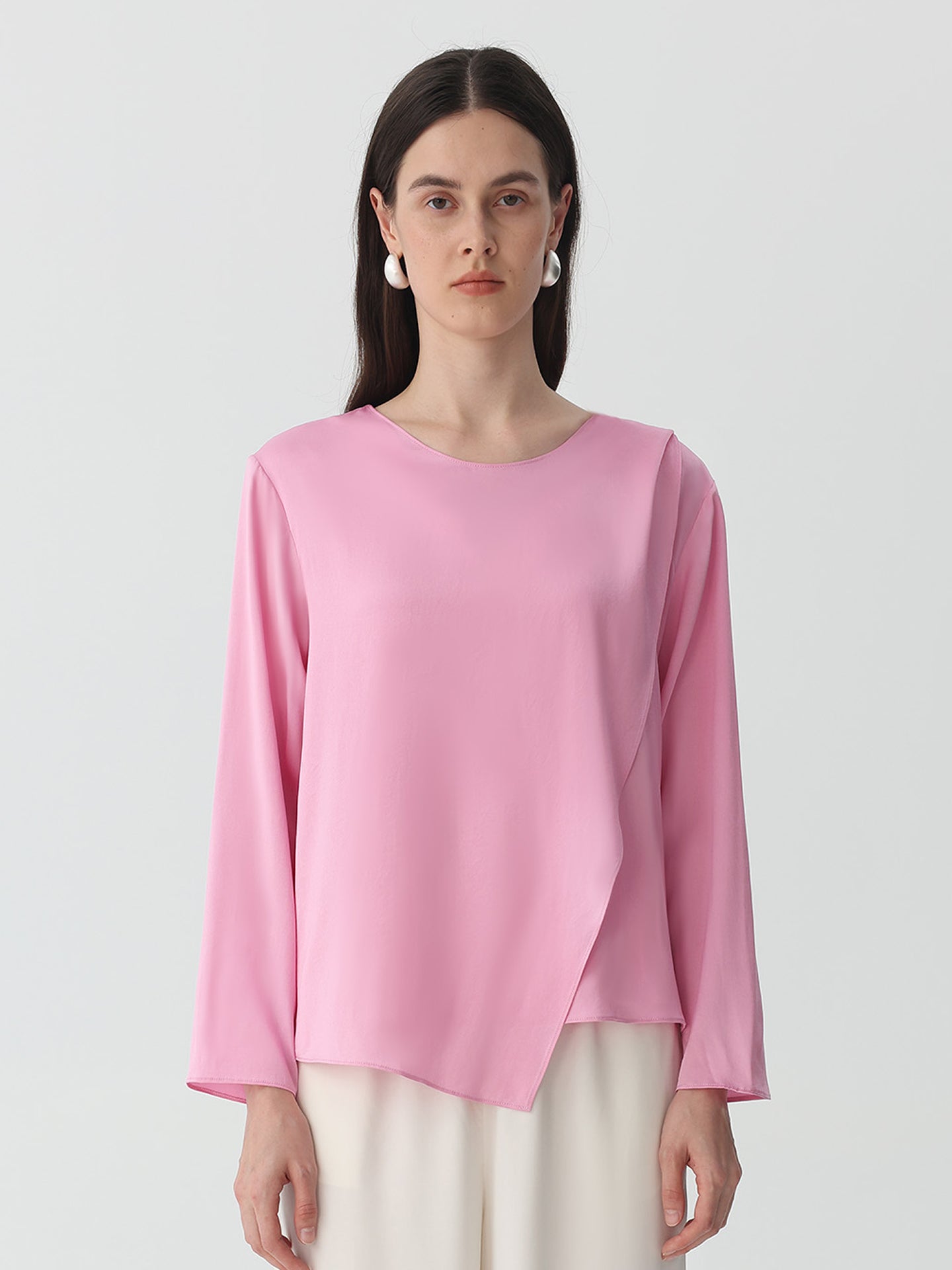 Pollover Scarf-Collar Blouse in Silk#color_Pink
