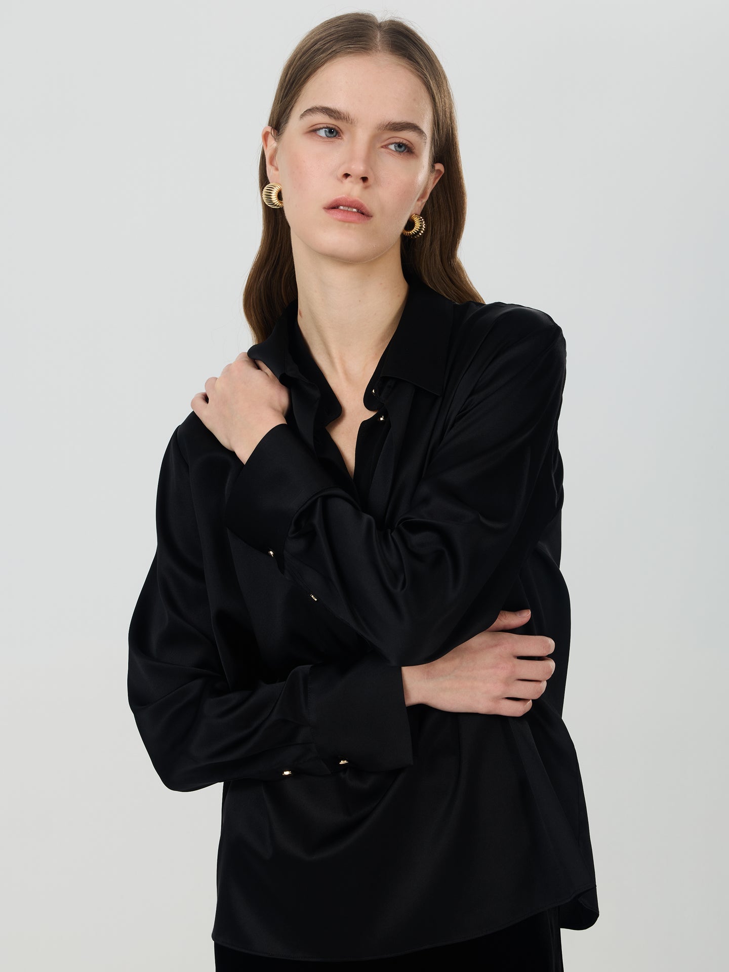 Mulberry Silk Metal Button Blouse#color_Black