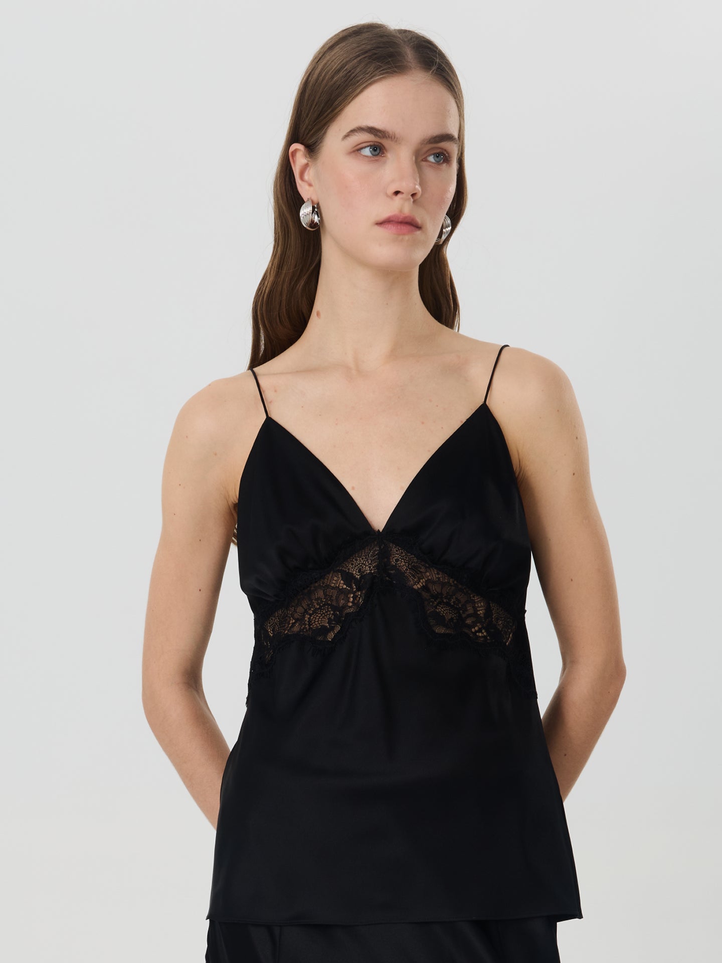 Silk Camisole with Lace Panel#color_Black