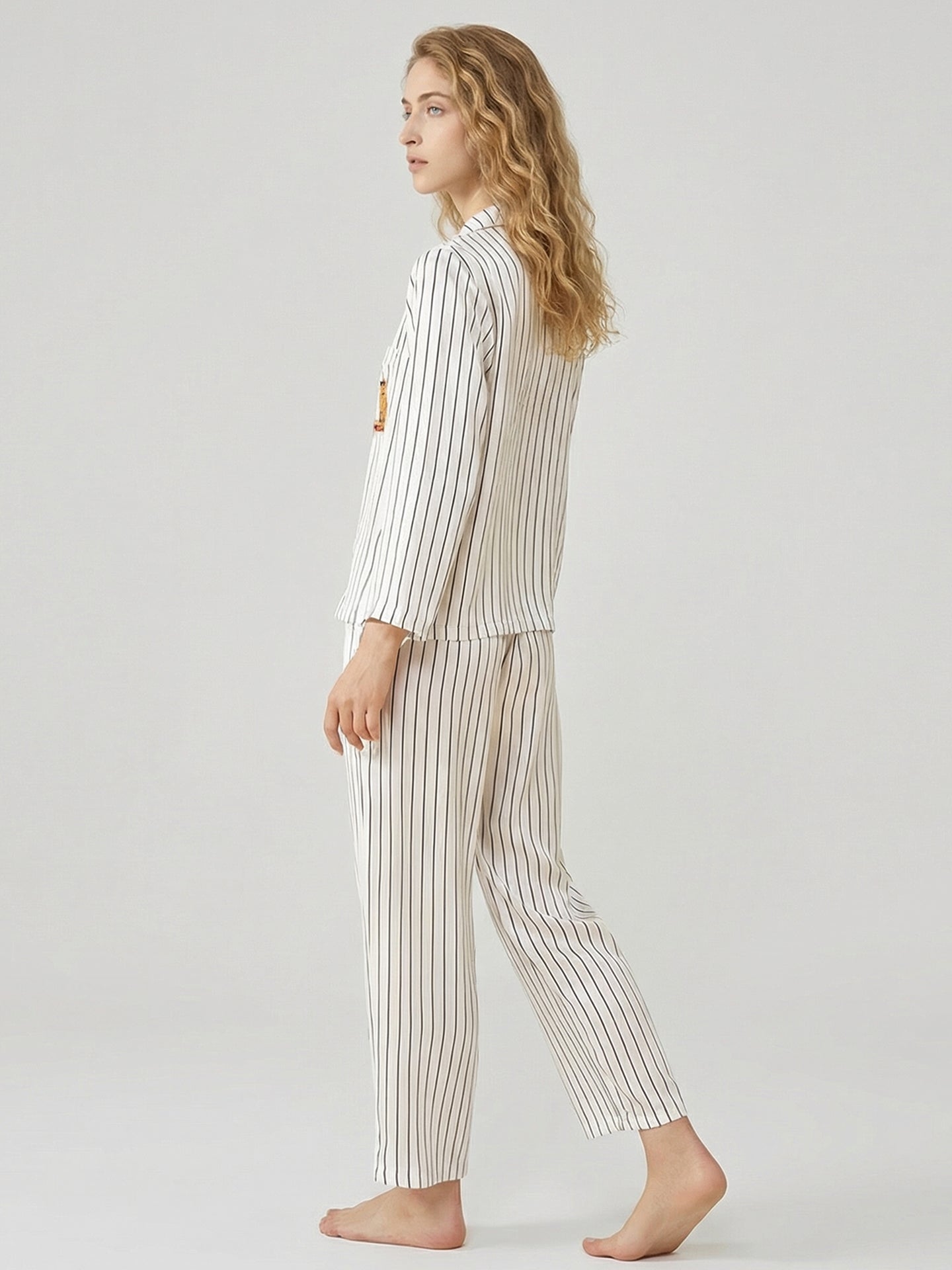 100% Mulberry Silk Striped Pajama Set#color_White Stripes