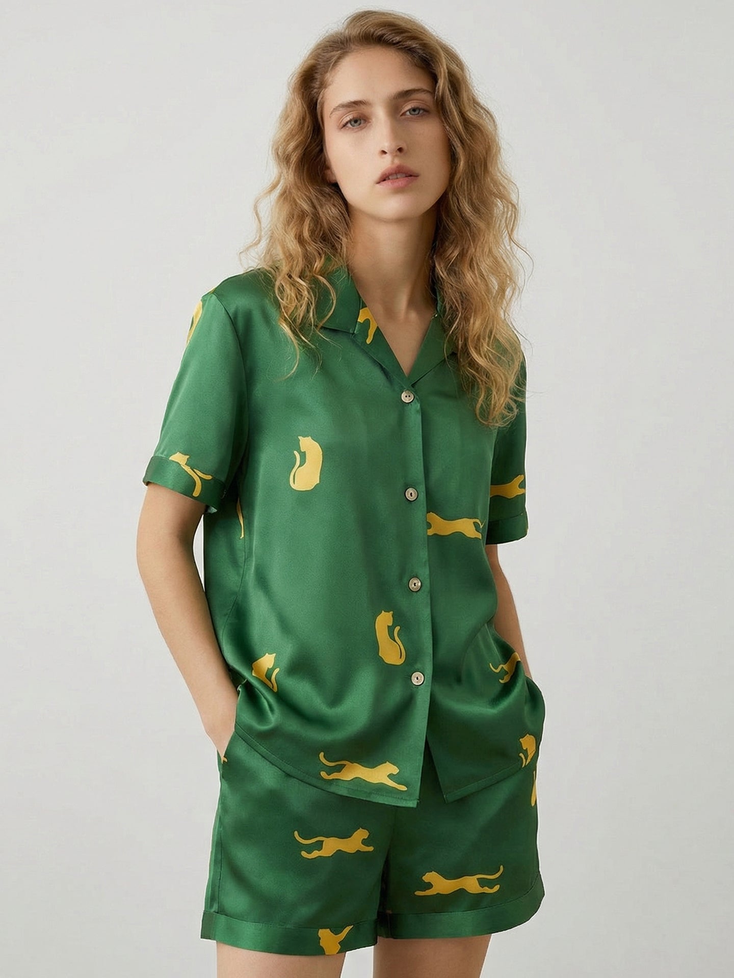 Silk Leopard Print Pajama Set#color_Dark Green