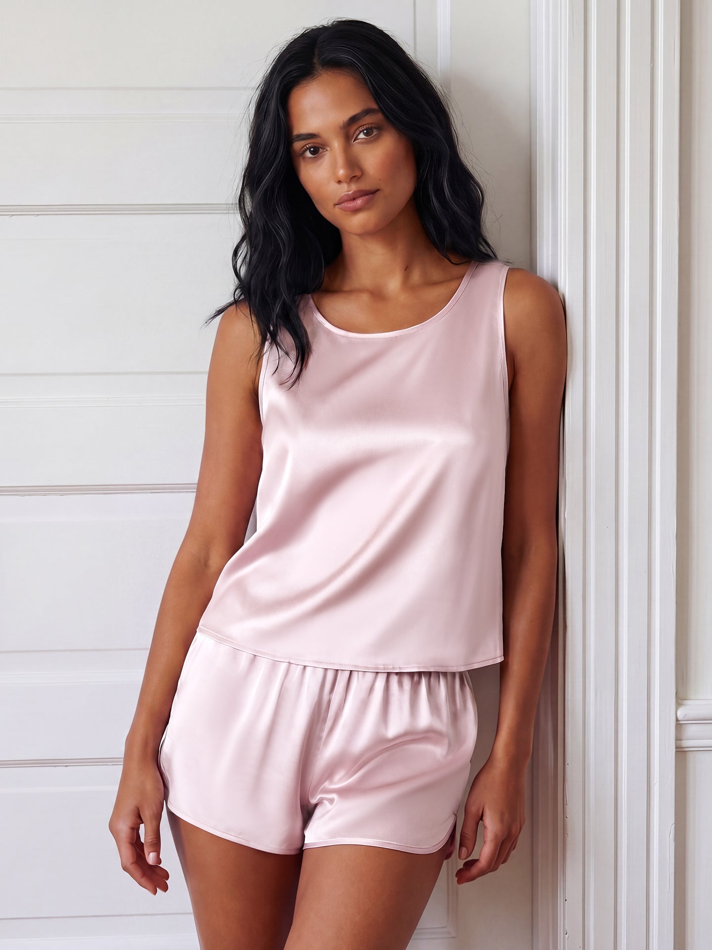 19 Momme Mulberry Silk Tank Pajama Set with Shorts#color_Lilac