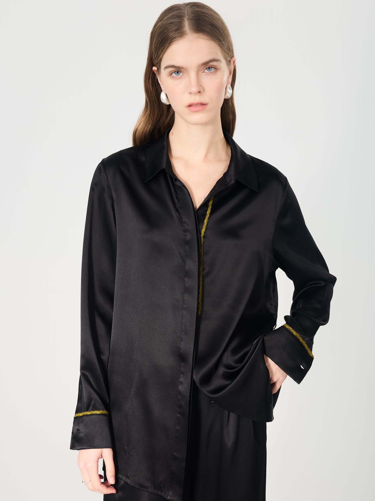 Mulberry Silk Contrast-Trim Shirt#color_Black