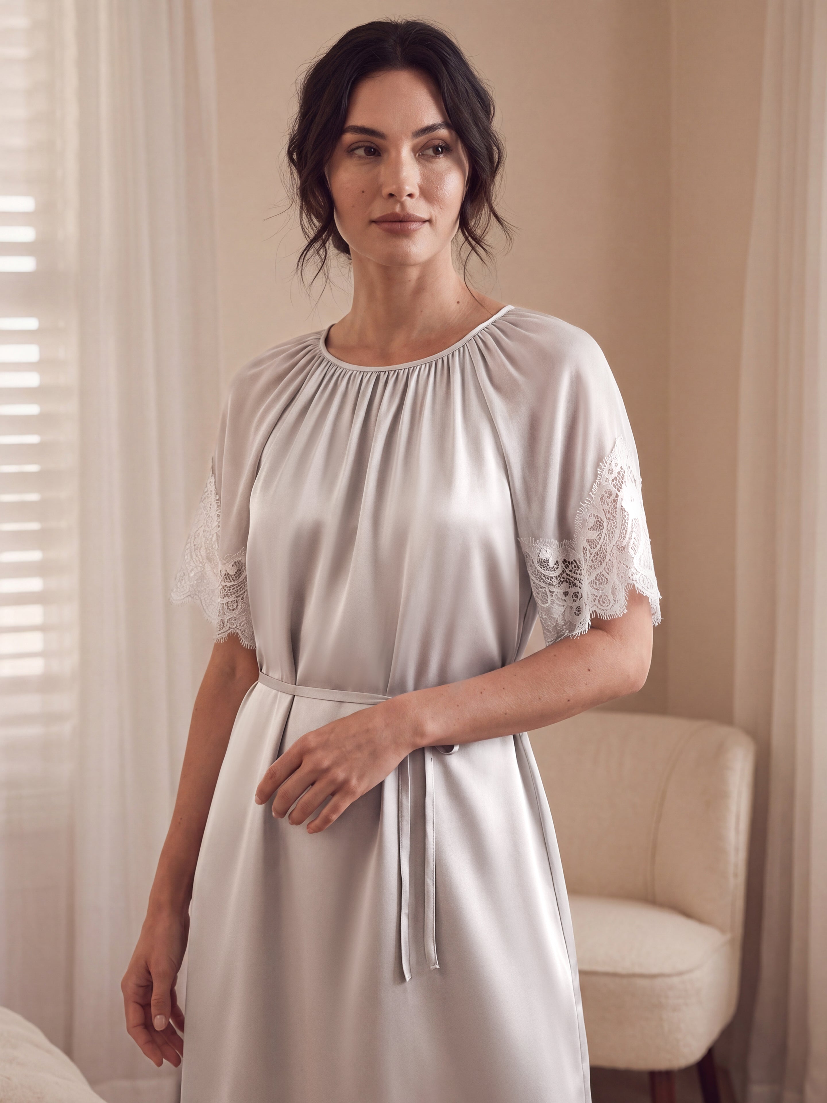 Mulberry Silk Belted Nightgown with Sheer Lace Sleeves#color_Grey