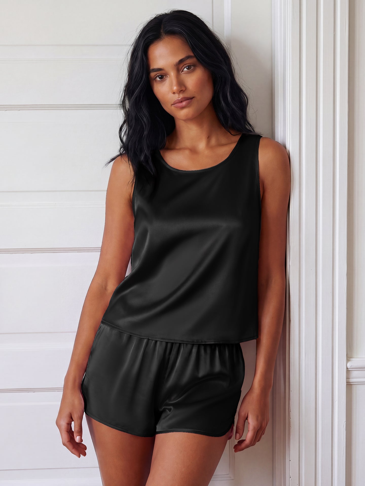 19 Momme Mulberry Silk Tank Pajama Set with Shorts#color_Black