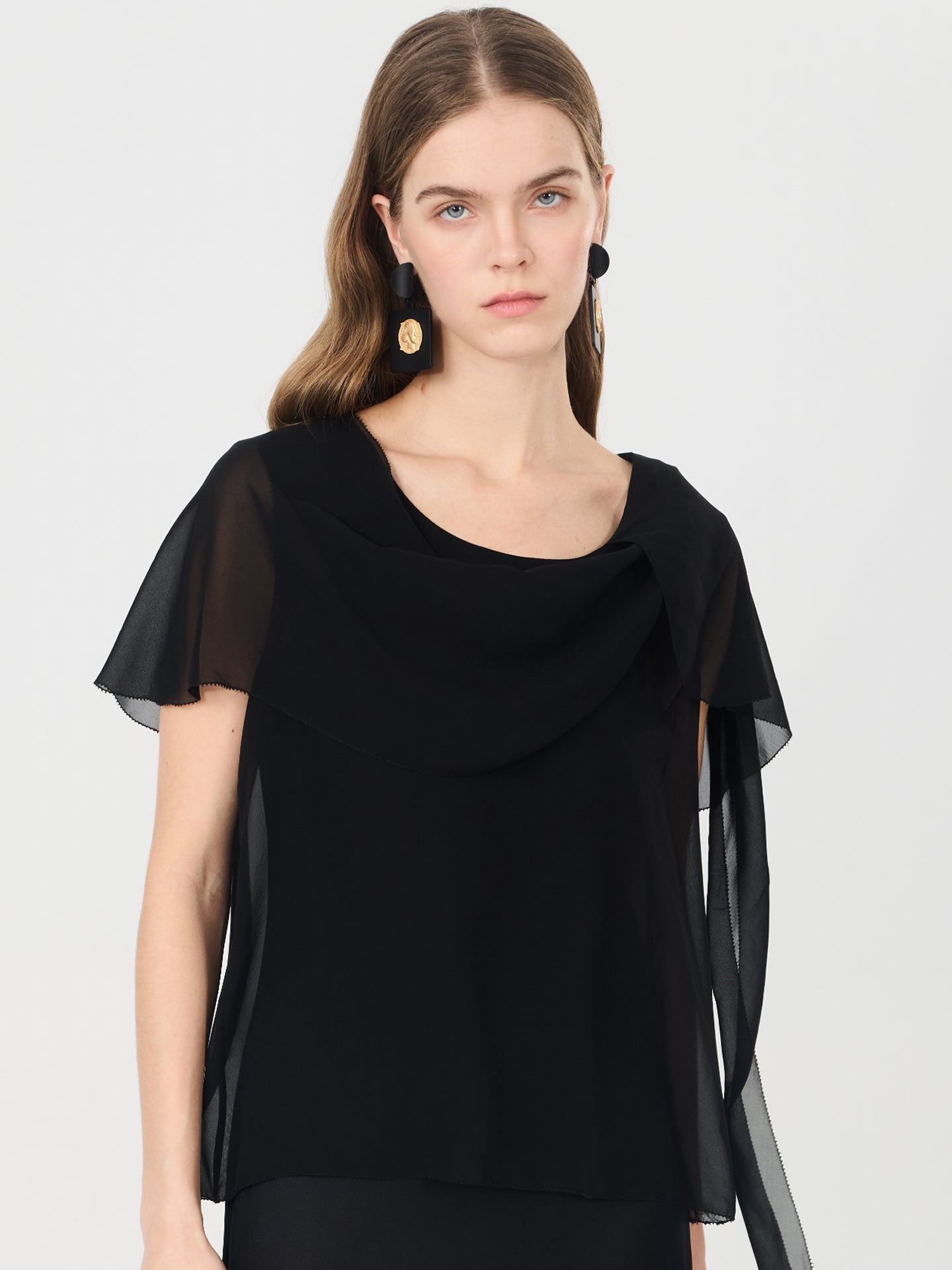 Sheer Silk Draped Scarf Blouse#color_Black