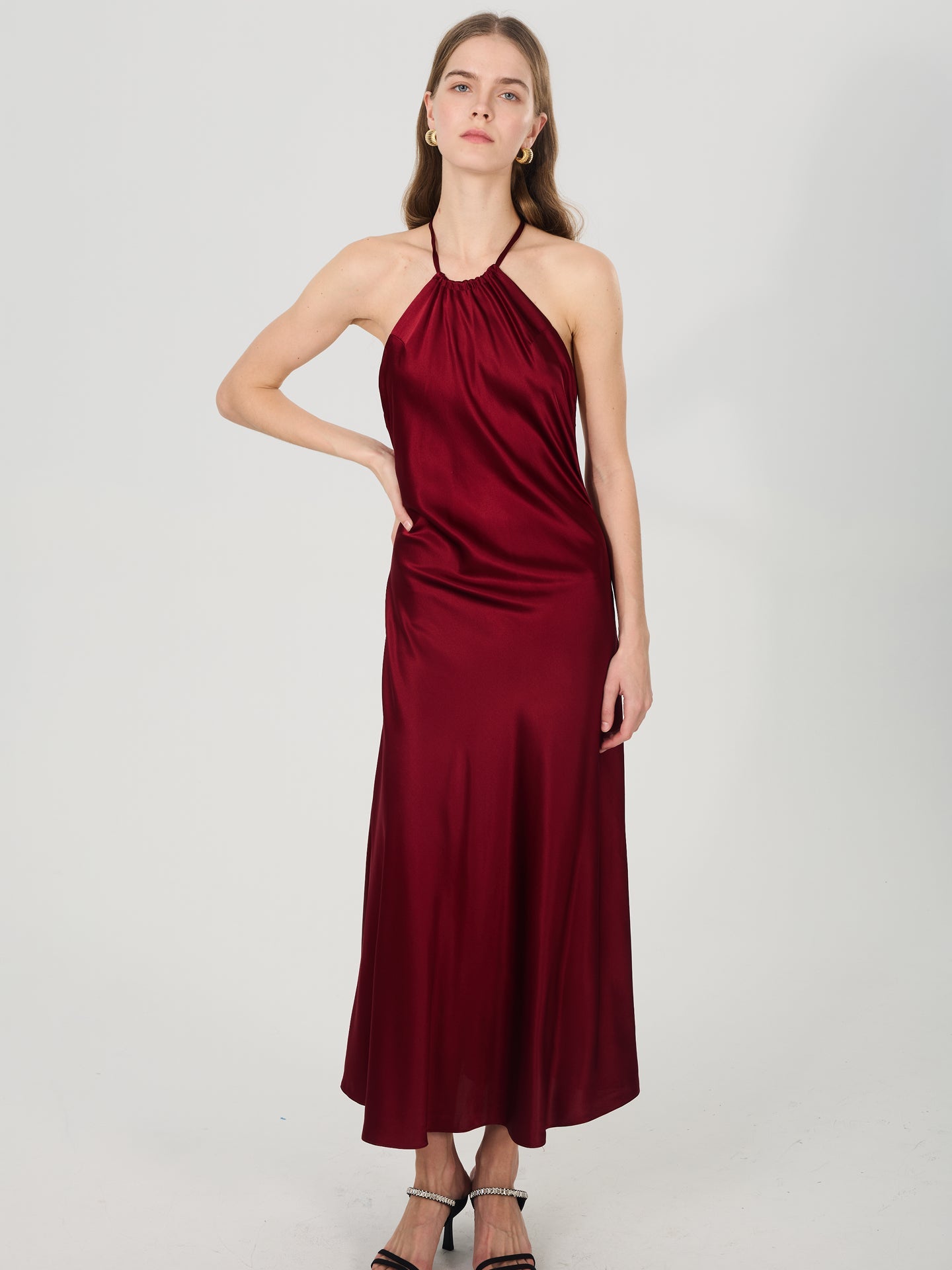 Silk Halter Backless Midi Dress#color_Burgundy