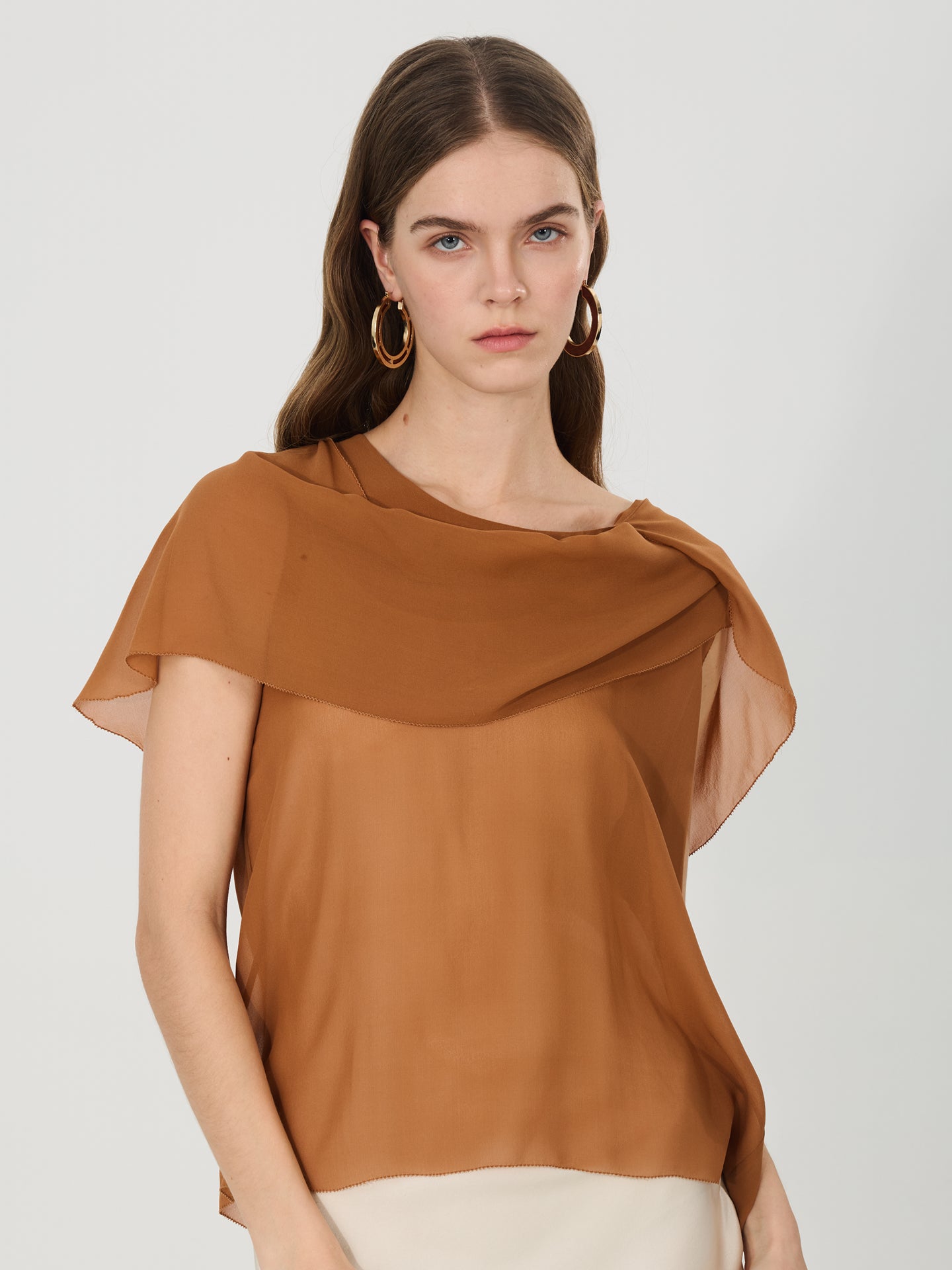 Sheer Silk Draped Scarf Blouse#color_Caramel